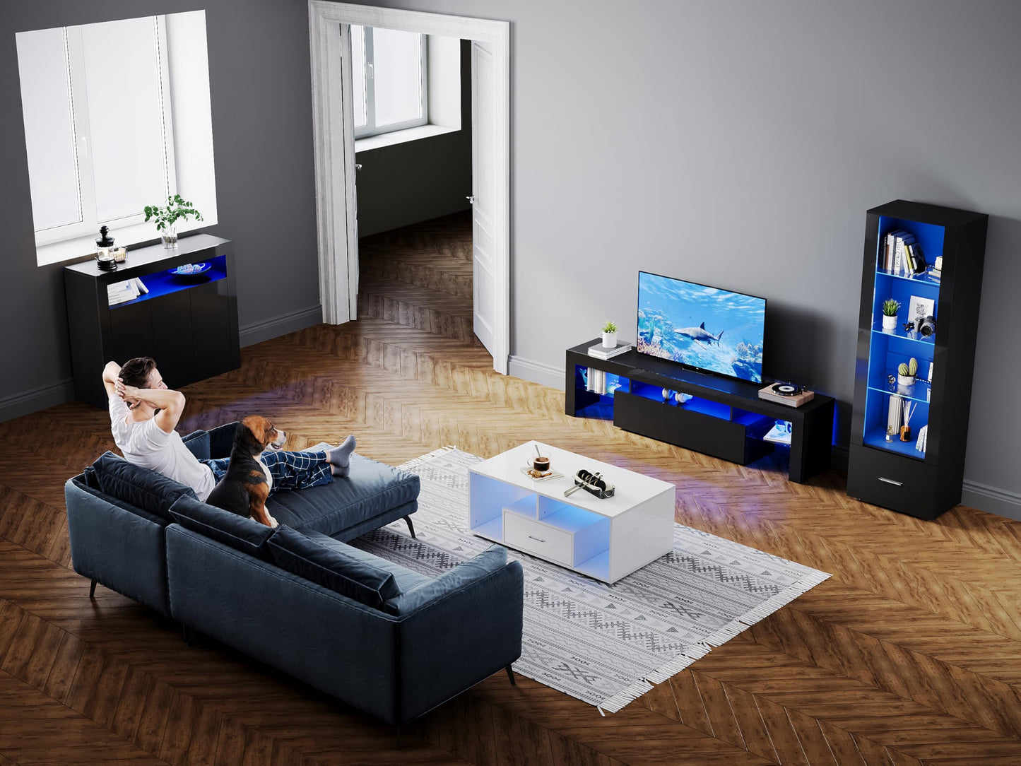 SONNI Modern TV Cabinet 180 cm, Lowboard High Gloss White with 16 Colours LED Lighting, Drawer, Open Glass Shelves, TV Stand for TVs up to 65 Inches, Living Room & Bedroom, 180 x 35 x 45 cm