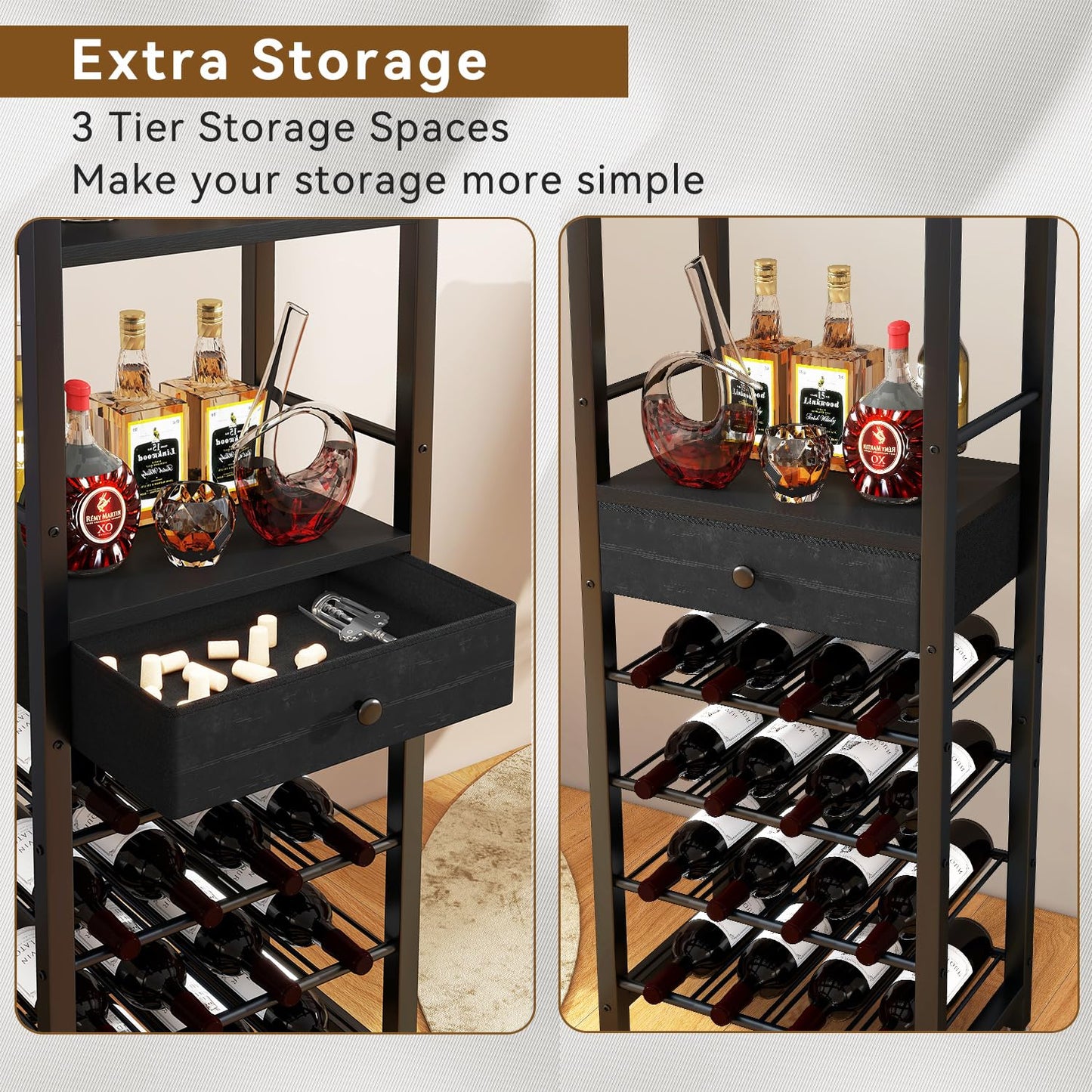 IBUYKE TMJ905H Wine Rack, 4-Layer Freestanding Wine Rack with Glass Holder and Drawer, 16 Bottle Rack, Countertop Wine Rack with Table Top Shelf, for Kitchen, Bar, Dining Room, Vintage Brown