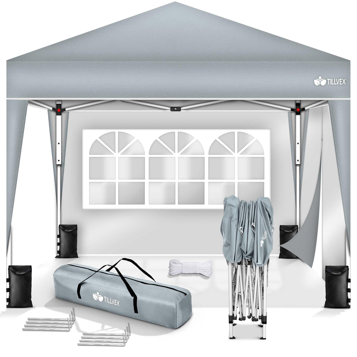 tillvex Gazebo 3 x 3 m Waterproof with 4 Side Panels + Set of 4 Sandbags Pop-Up Folding Gazebo Stable & Height Adjustable Garden Tent UV Protection 50+ Party Tent with Bag for Garden, Grey