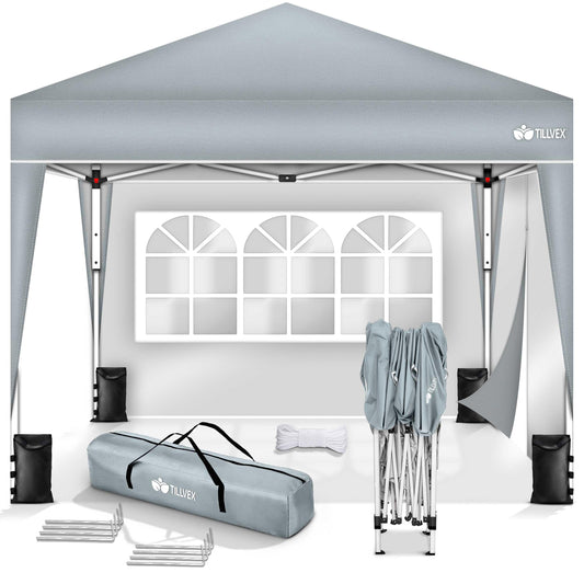 tillvex Gazebo 3 x 3 m Waterproof with 4 Side Panels + Set of 4 Sandbags Pop-Up Folding Gazebo Stable & Height Adjustable Garden Tent UV Protection 50+ Party Tent with Bag for Garden, Grey