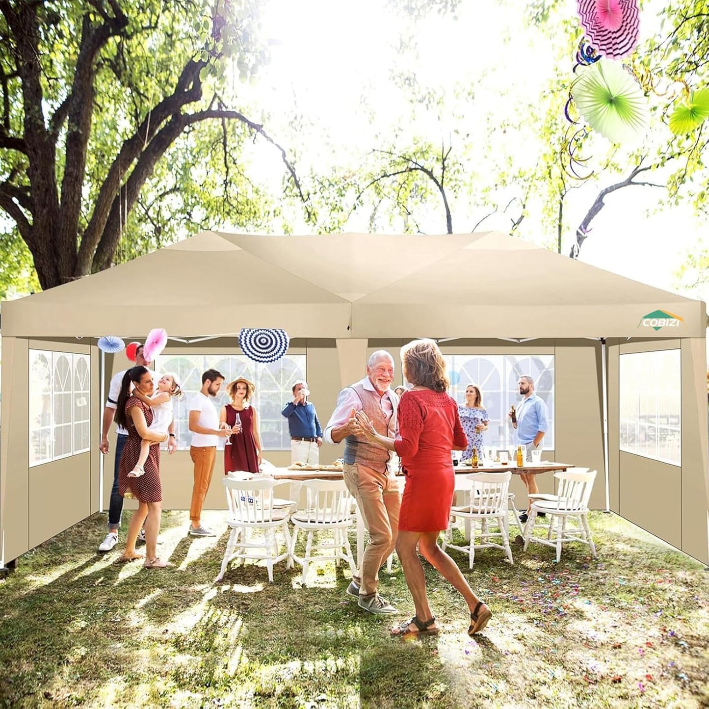 COBIZI Gazebo 3 x 6 Folding Gazebo Waterproof Stable Winterproof Foldable Party Tent with 6 Side Panels Pop Up Garden Gazebo UV Protection 50+ Height Adjustable for Beach Wedding Camping White