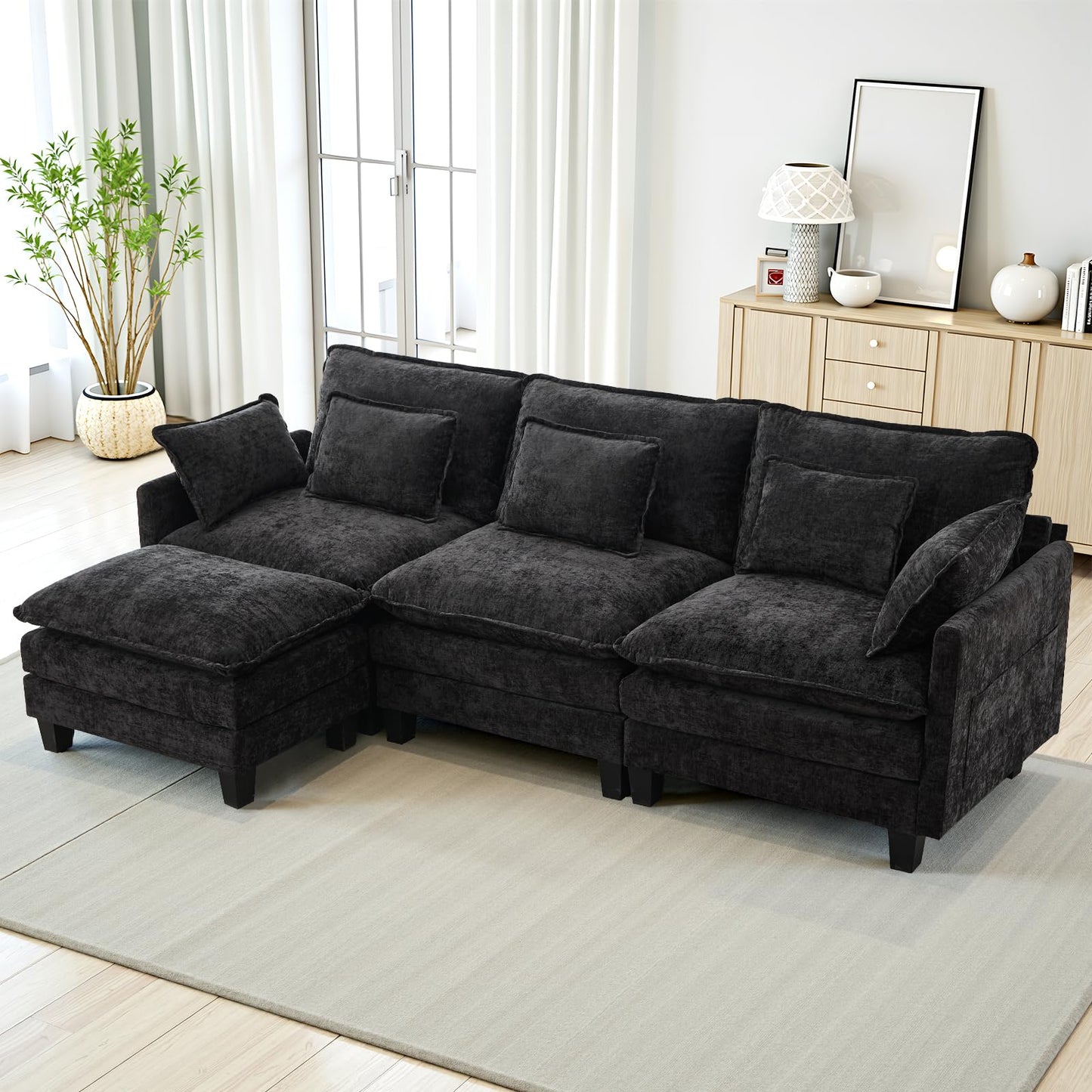 Modular Sofa with Sleep Function, Chenille Corner Sofa, Small with Thick Padding, Sofa L Shape Set with Couch Cushion, Comfortable Armchair, Living Room Couch with Stool, Chaise Lounge (Dark Grey, 287
