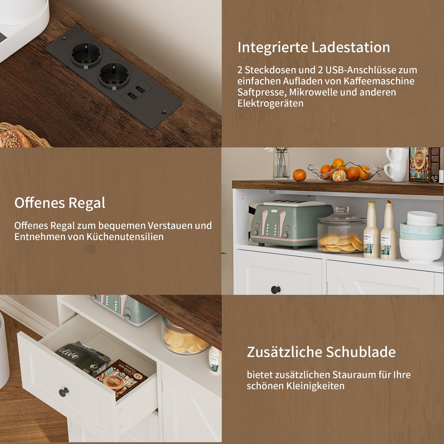 Kitchen Cabinet, Sideboard with Drawers and Open Shelf, Sideboard, Kitchen Cabinet, Coffee Bar Cabinet for Kitchen, Dining Room, Living Room, 120 x 35 x 95 cm, White