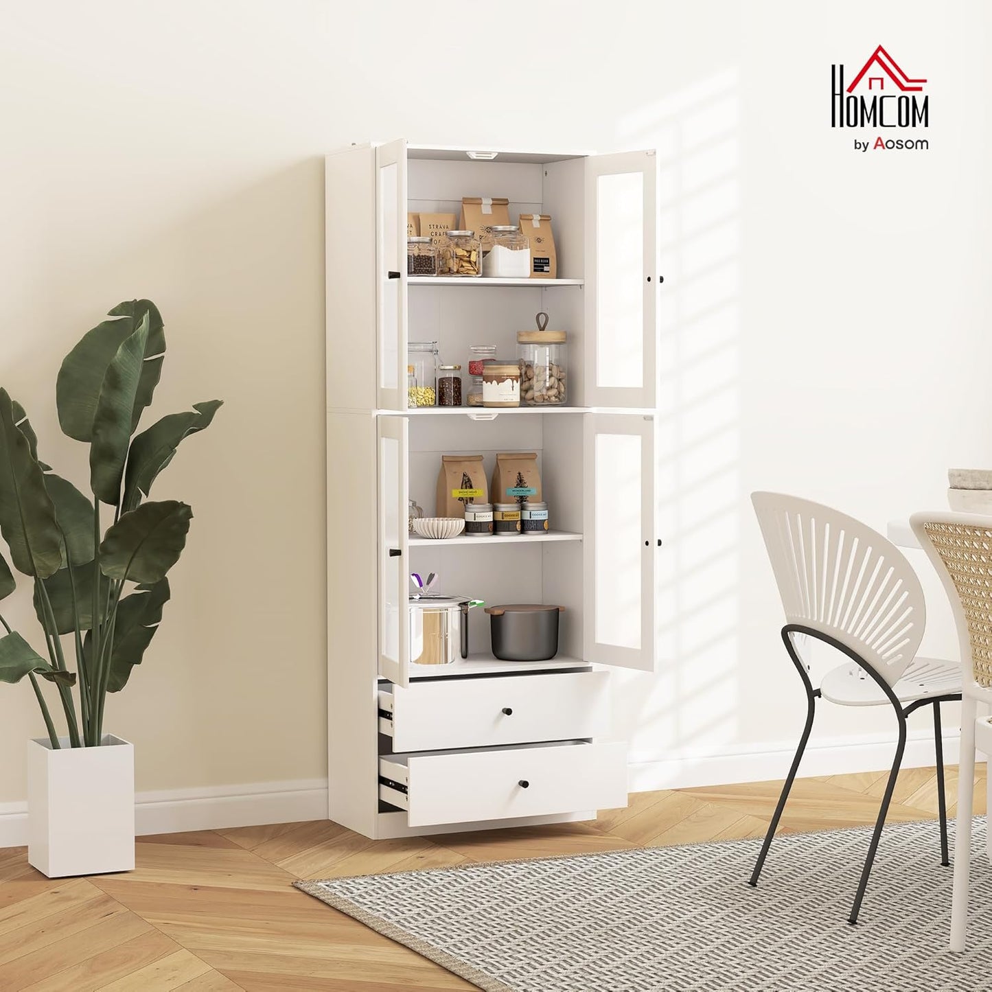 HOMCOM Kitchen Cabinet Display Cabinet with Worktop, 2 Drawers, Tall Cabinet with 4 Glass Doors, Buffet Cabinet with Adjustable Shelves, 59 x 30 x 170 cm, White