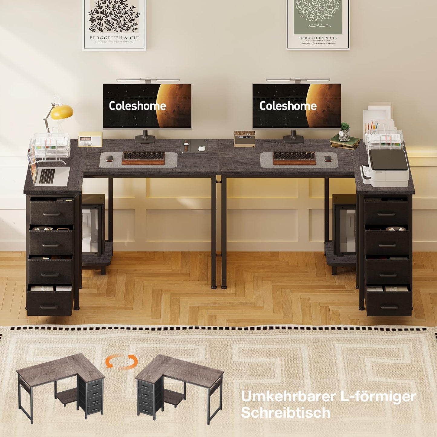 Coleshome Corner Desk, 100 x 70 cm, L Shape Desk with 4 Drawers, Reversible Computer Desk for Office, Study, Bedroom, White