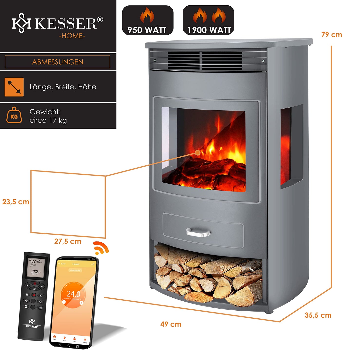 KESSER Prio Electric Fireplace Heater Fan Remote Control WiFi App 950/1900 W Fireplace Electric LED Flame Effect Fireplace Electric Thermostat Panoramic Viewing Window Heating Function Timer, Grey