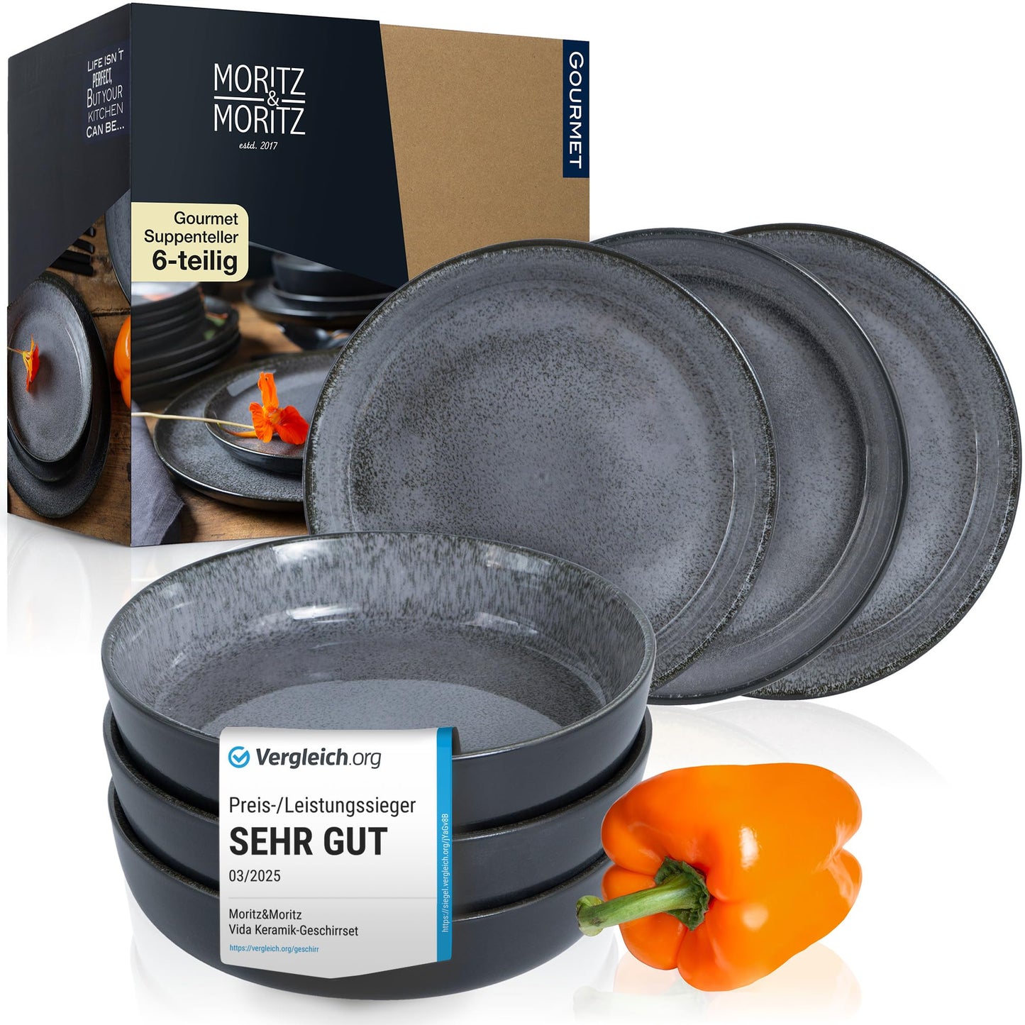 Moritz & Moritz Vida 18-Piece Crockery Set for 6 People, Elegant Plate Set Made of High-Quality Porcelain, Crockery Consisting of 6 x Dinner Plates, 6 x Dessert Plates, 6 x Soup Plates