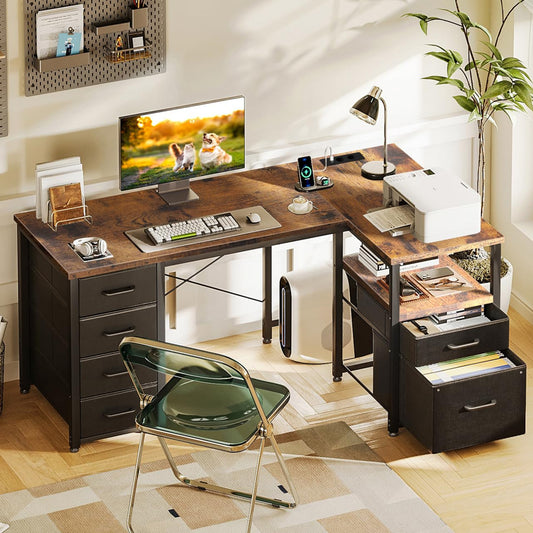 Coleshome Desk with Fabric Drawers, Reversible Desk L Shape with Filing Drawer, Corner Desk with USB Charging Port and Socket, Home Office Desks (White, 140 x 70 cm)