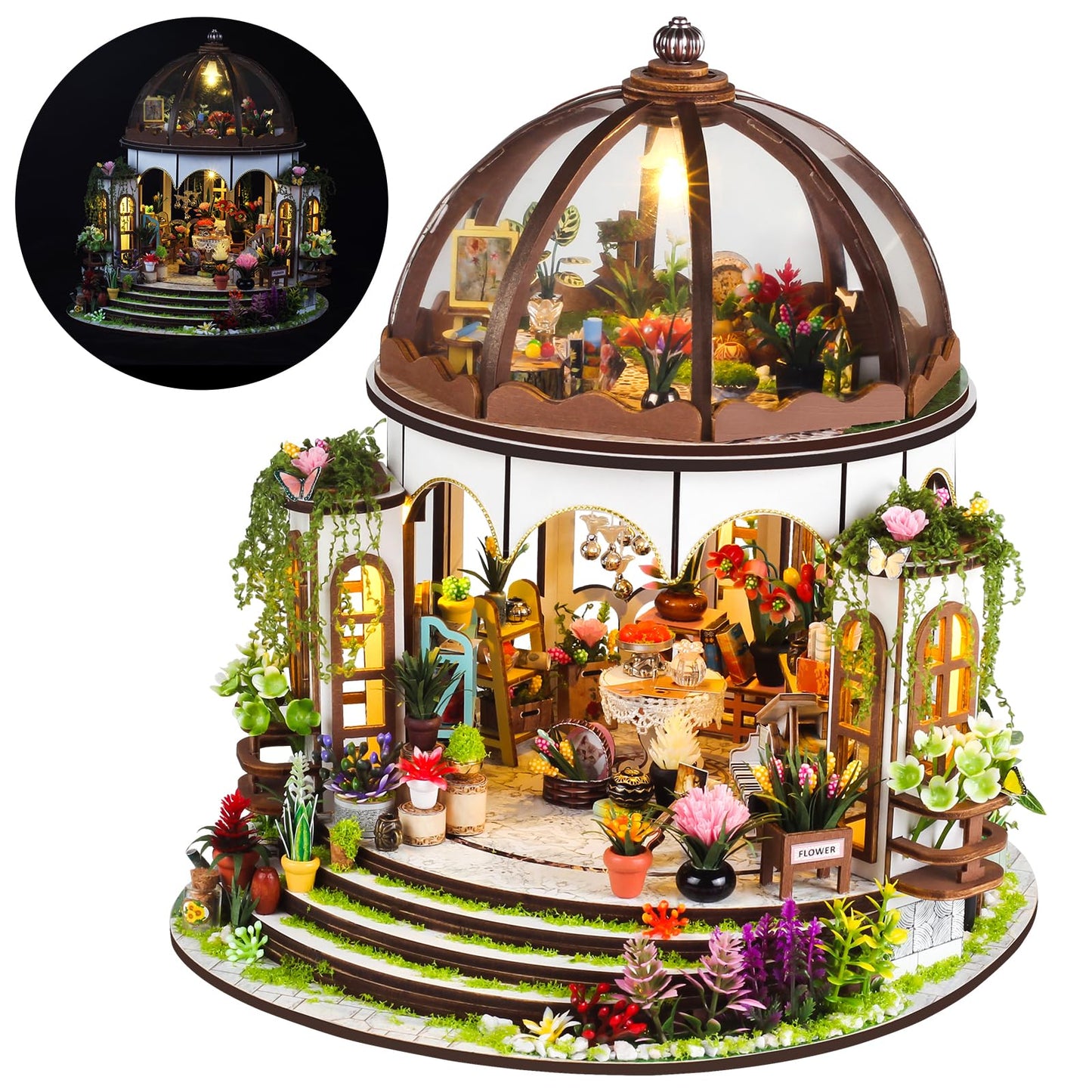 UINOFER DIY Greenhouse Wood, Miniature Garden House Building with Furniture, Creative Construction Kit Adults, Model Kit for Adults and Children - Hanging Garden