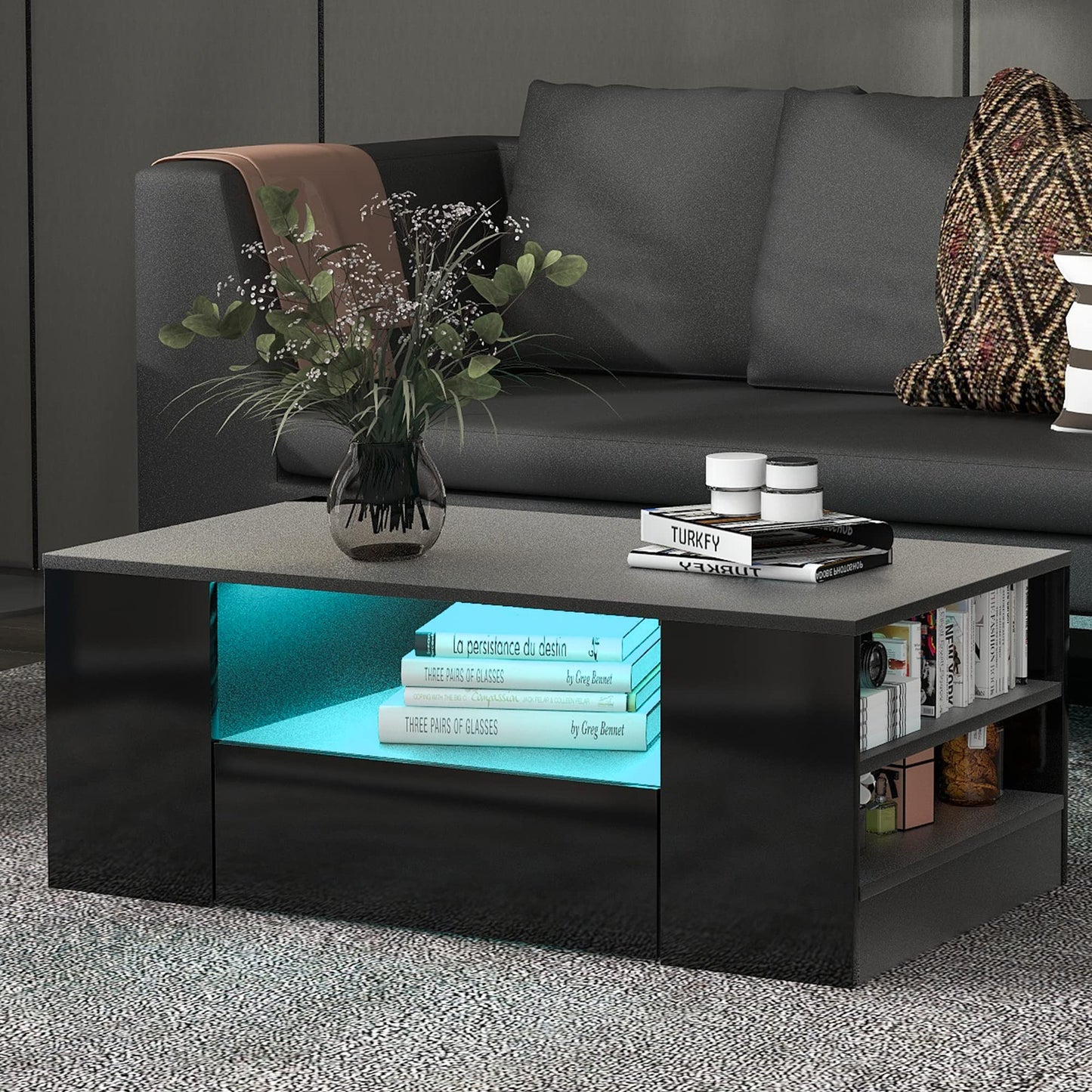 Merax High Gloss Coffee Table with LED, Modern Living Room Table with Storage Drawers, Multifunctional Side Table for Living Room, Rectangular Centre Table, Sofa Table, Coffee Table, Office, Black