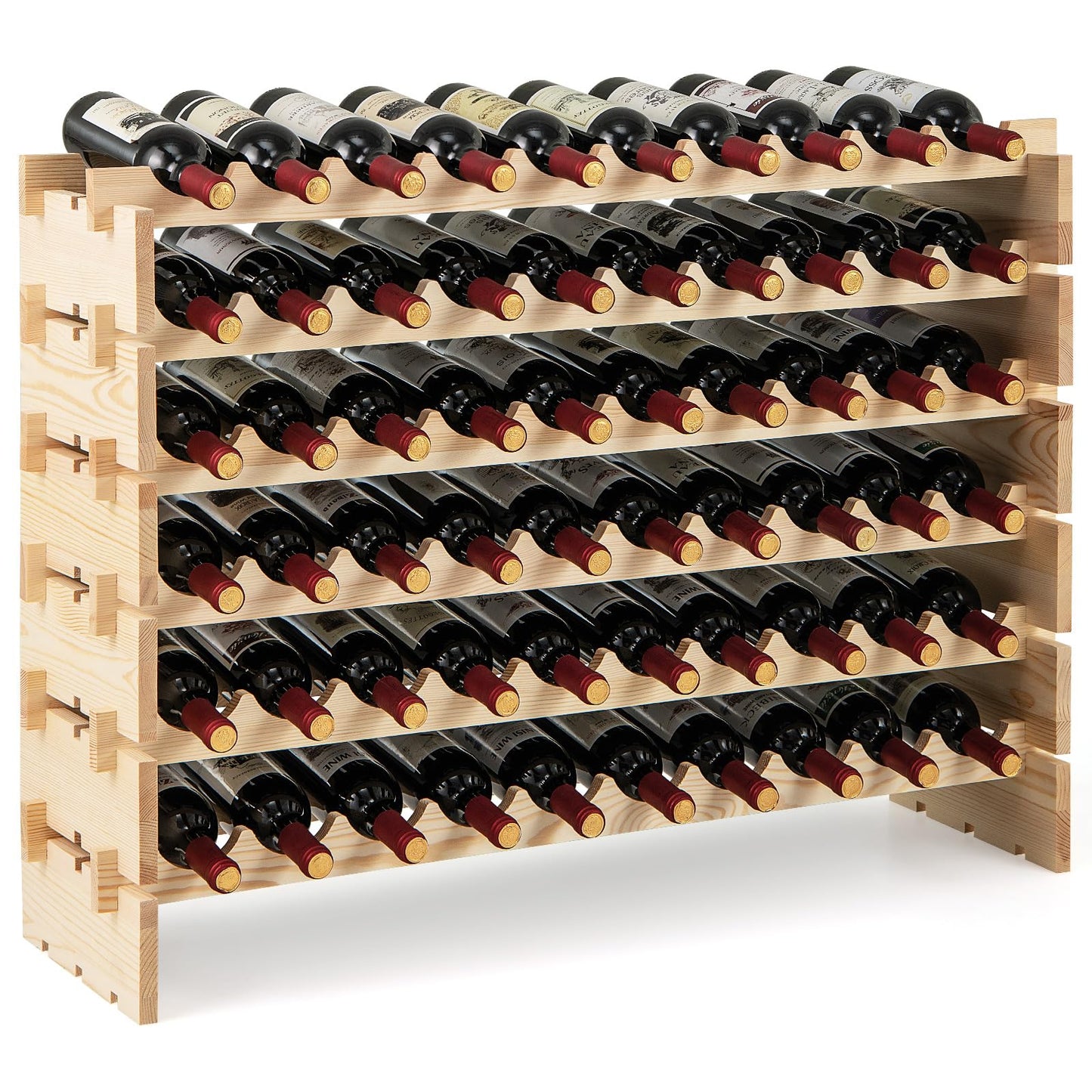COSTWAY Wine Rack Wood Stackable Bottle Rack for 72 Bottles, Wine Rack with 6 Levels, Wooden Shelf, Bottle Stand for Kitchen, Dining Room, Bar, Basement, 119 x 29 x 72 cm