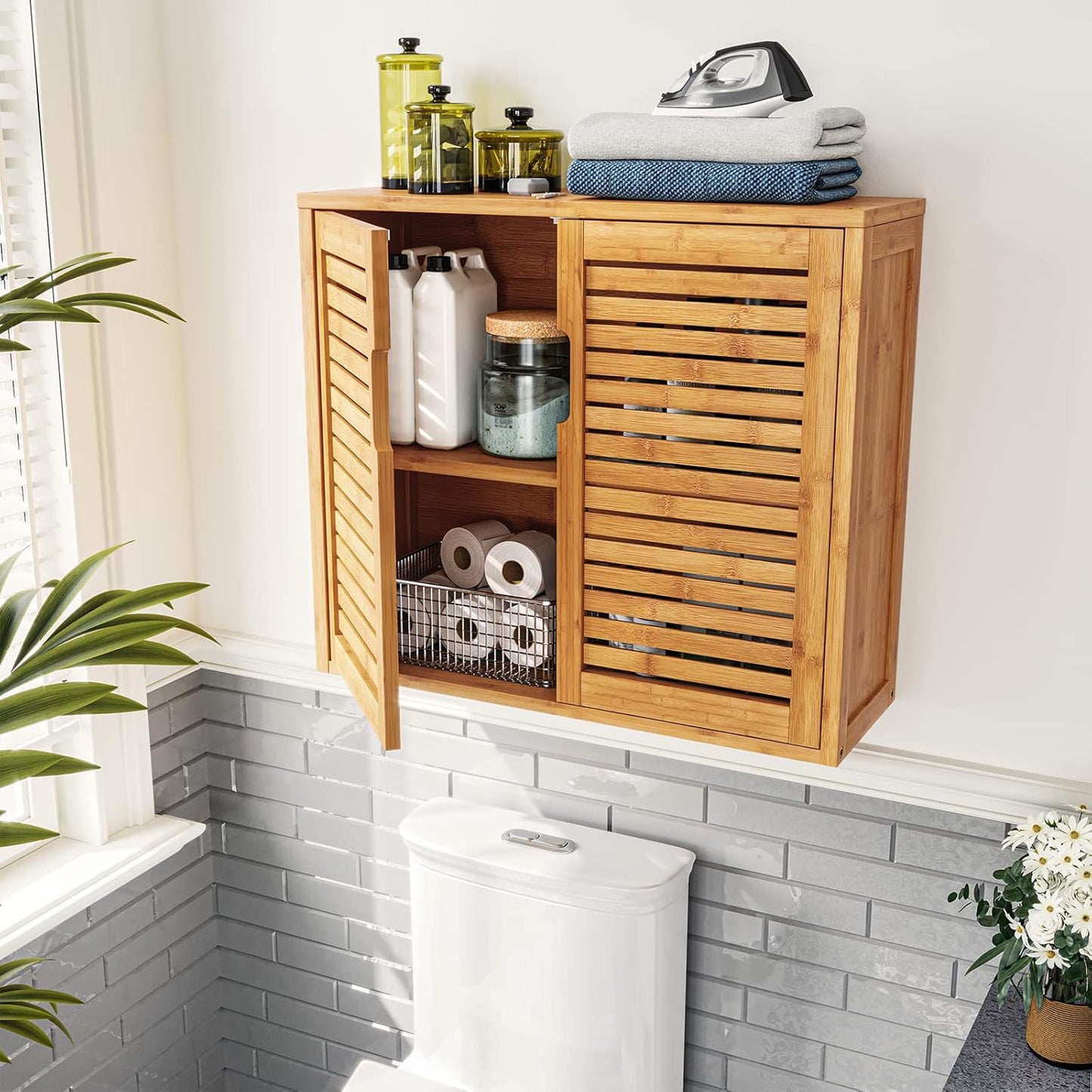 VIAGDO Bathroom Cabinet Hanging Bamboo Wall Cabinet Kitchen Cabinet Bathroom Shelf Medicine Cabinet with Height-Adjustable Shelf Bathroom Cabinet Wall Mounted Wall Shelf 20.7 x 59 x 51 cm