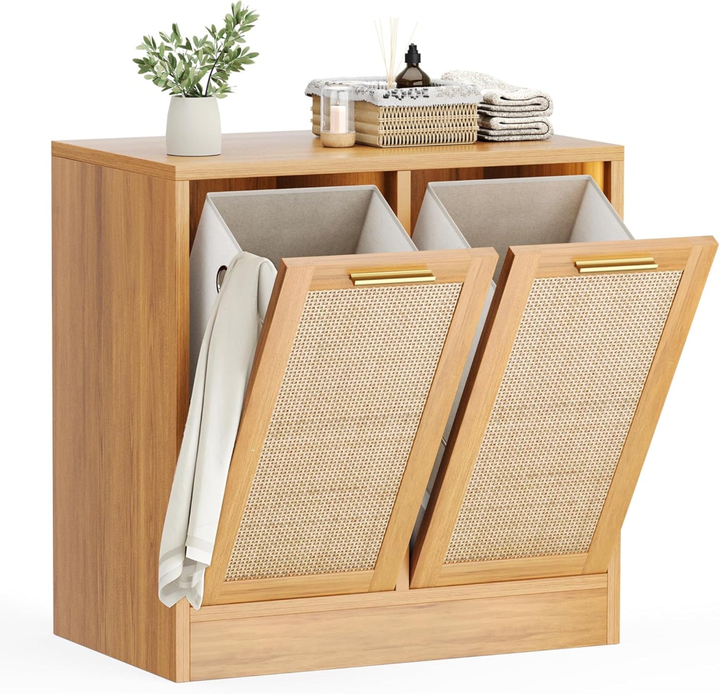Pamapic Wäscheschrank mit 2 Abnehmbaren Wäschekörben, Magnetverschluss & Echtes Rattan-Design, Badschrank mit Wäschekorb, Wäschekorb Schrank Kippschutz, 66 x 39,5 x 68 cm, Holzfarbe