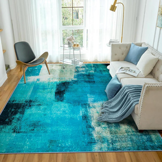 TYJDTYR Wohnzimmer Teppich 140 x 200 cm Modern Abstrakt Grau, Kurzflor, Waschbar für Schlafzimmer Esszimmer Dekorative Blau