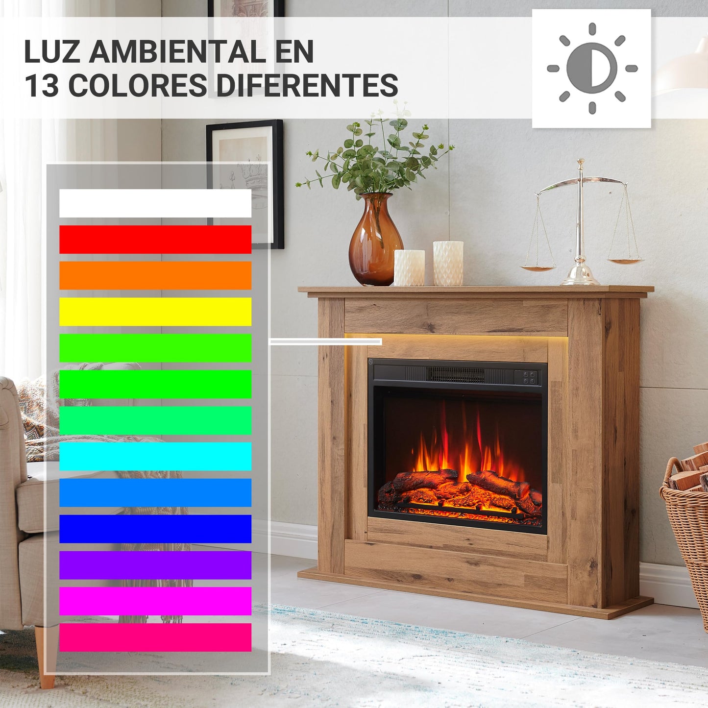 BALDERIA Finn Electric Fireplace, Electric Standing Fireplace, 3D Flame Effect, LED Ambient Lighting, Heating 2000 W, Timer, Thermostat, Start Control, Open Window Battery, Remote Control, Dark Oak