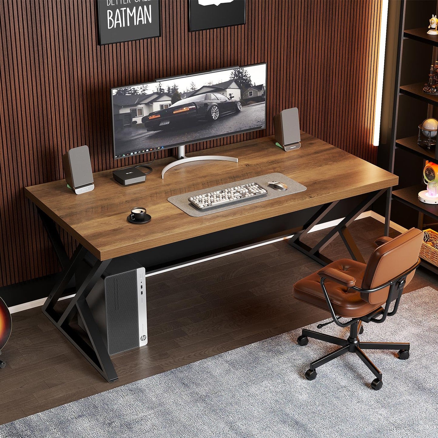 LVB Modern Computer Desk Industrial Home Office with Storage Space Metal Wood Desk Study Computer Desk for Bedroom Simple Gaming Desk Rustic Brown