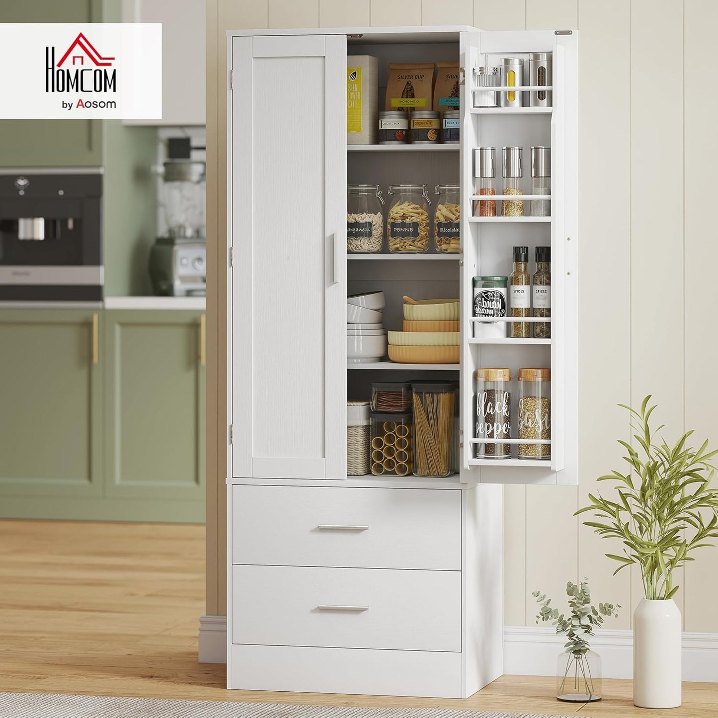 HOMCOM Kitchen Cabinet, Buffet Cabinet with 2 Doors, 8 Door Shelves, 2 Drawers, Tall Cabinet with Adjustable Shelves, Modern Storage Cabinet for Living Room, White, 60 x 40 x 159 cm