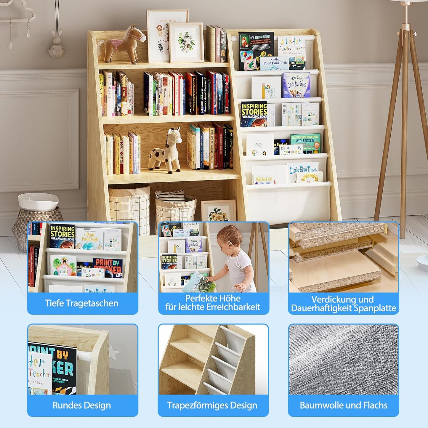 Children's Shelf, White with 5 Shelves and 4 Open Compartments, Bookcase for Children, Toy Organiser, 90 x 40 x 80 cm