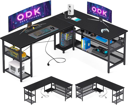 ODK Gaming Tisch, Reversibel Gaming Schreibtisch mit 2 Steckdosen und 2 USB Ladeanschluss, Eckschreibtisch für Office und Gaming, Weiß, 150×102cm