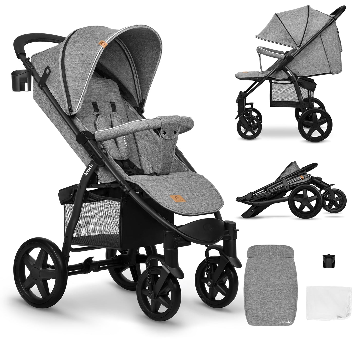 LIONELO Annet Buggy up to 22 kg with Reclining Function, Small Folding Pushchair with Accessories, EVA Foam Wheels, Mosquito Net, Foot Cover Drink Holder, Basket
