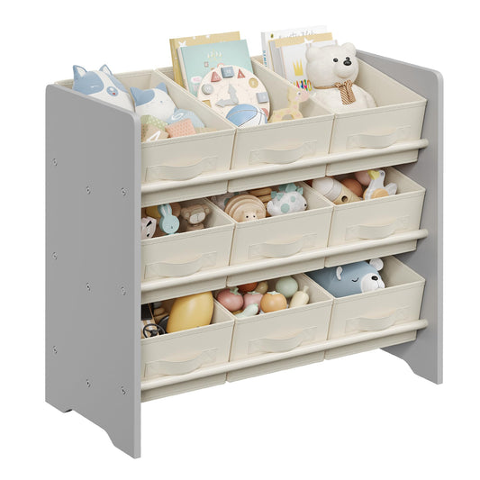 SONGMICS Kinderregal, Spielzeugregal, Bücherregal Kinder, mit 9 Aufbewahrungsboxen aus Vliesstoff, Kinderzimmer Regal, geräumig, 29,5 x 62,5 x 60 cm, wolkenweiß GKR033W10