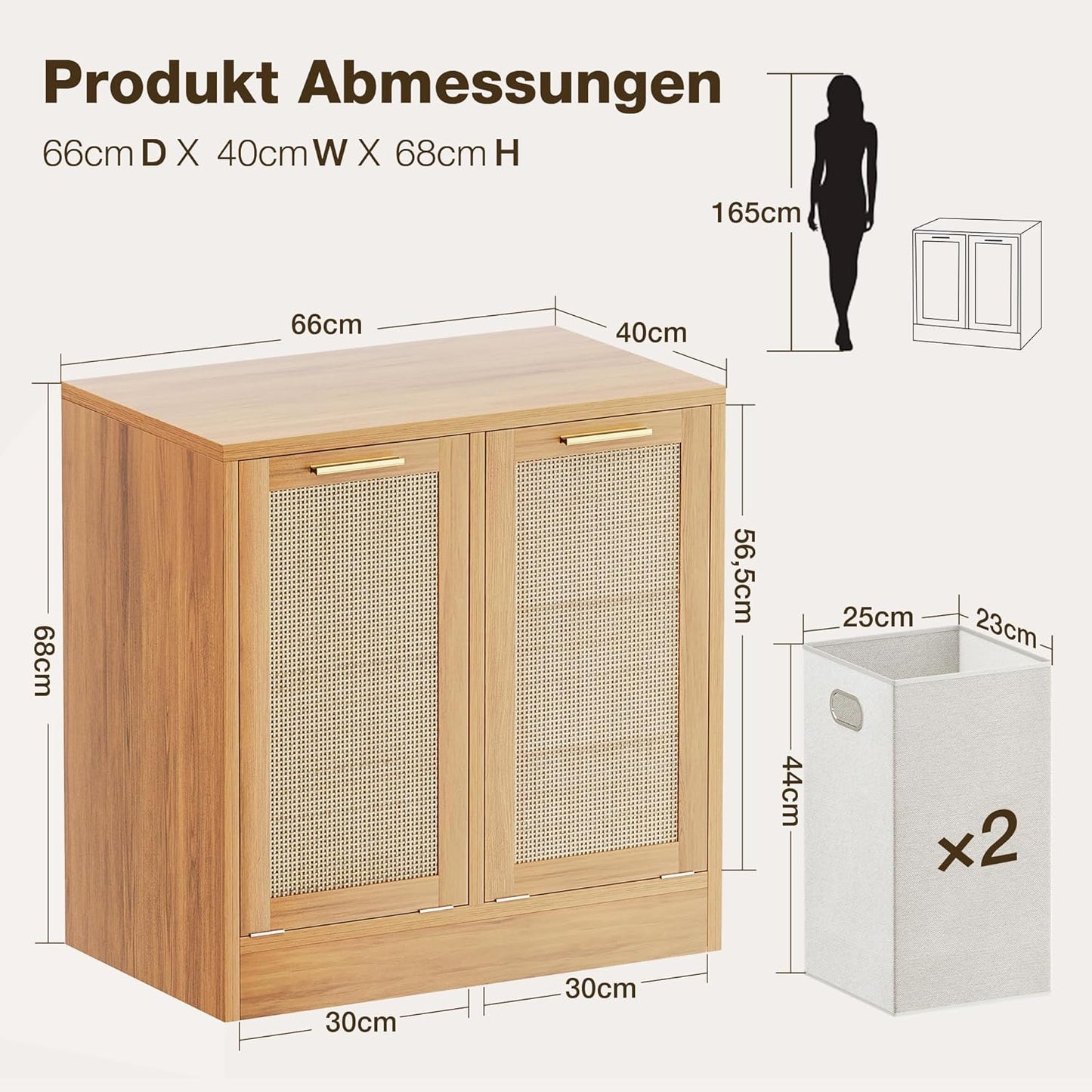 Pamapic Wäscheschrank mit 2 Abnehmbaren Wäschekörben, Magnetverschluss & Echtes Rattan-Design, Badschrank mit Wäschekorb, Wäschekorb Schrank Kippschutz, 66 x 39,5 x 68 cm, Holzfarbe