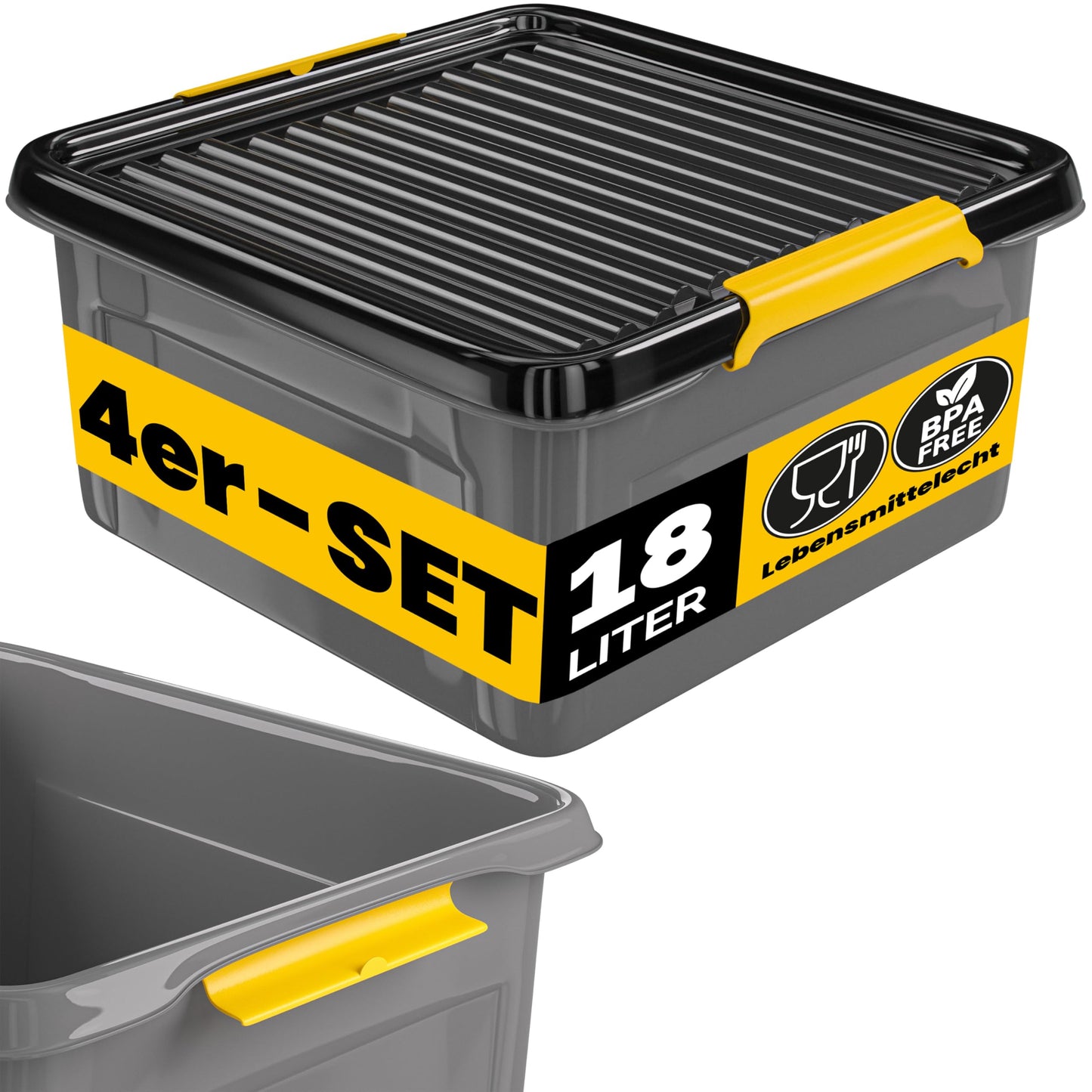 Monzana 4 x Storage Boxes 40 L with Lid 40 kg Load Capacity Plastic BPA Free Click Closure Stable Flexible Stackable Opaque Cellar Garage Box