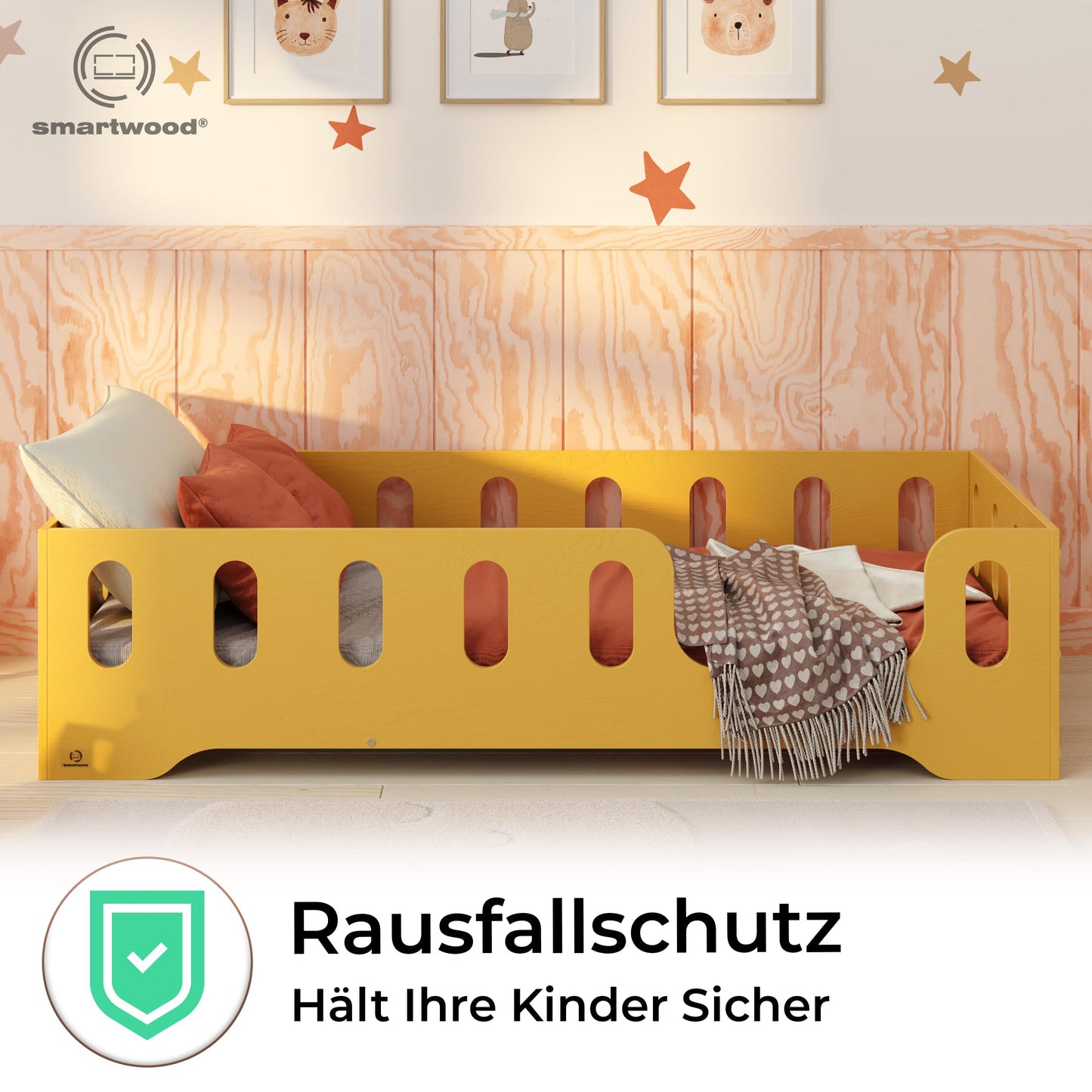 smartwood Montessori Wooden Floor Bed 90 x 200 cm Blue with FSC Certificate TILA 2P with Fall Protection and Slatted Frame Maximum Load 230 kg Easy Assembly