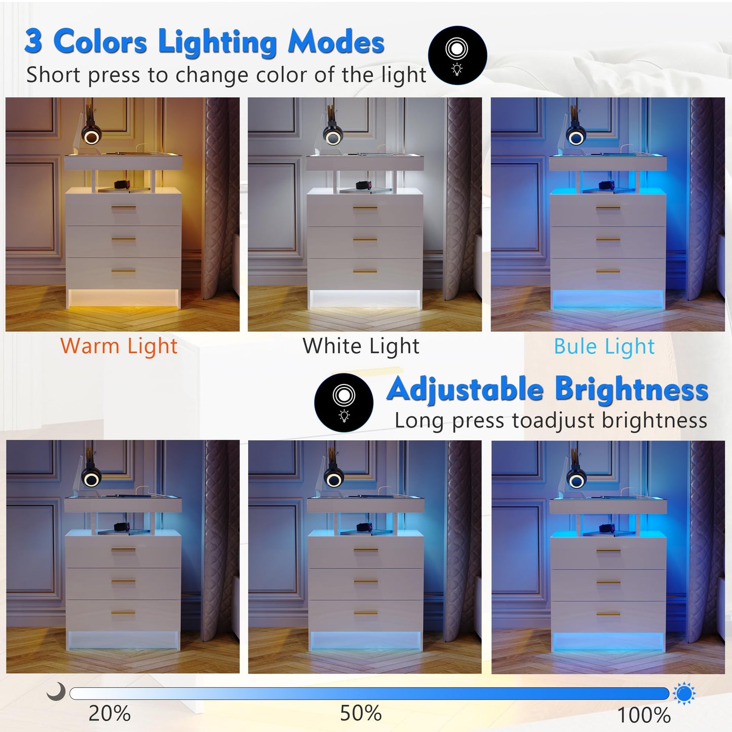 Lvifur LED Bedside Table with Charging Function, Smart Bedside Cabinet with 3 Lights, Dimmable, High Gloss Sideboard with 3 Drawers, USB Type-C Automatic Sensor, Bedroom, White