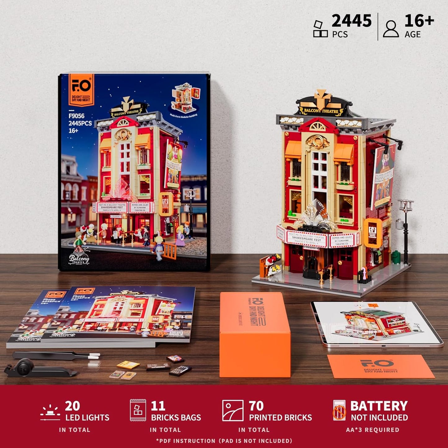 FUNWHOLE Balcony Theatre Lighting Clamp Building Blocks House - with Scene from a Classic Shakespeare Piece, 2445 Pieces, Collector's Set & Creative City House Model for Adults & Teenagers, F9056