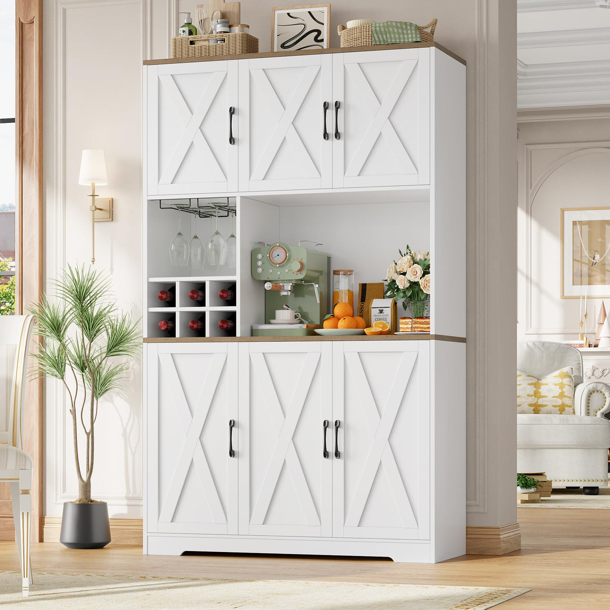 HOCSOK Kitchen Cabinet 106 x 180 cm (W x H), Buffet Cabinet, White, Sideboard with 6 Doors, Removable Bottle Holder and Removable Glass Holder, Storage Cabinet for Kitchen, Living Room, Dining Room