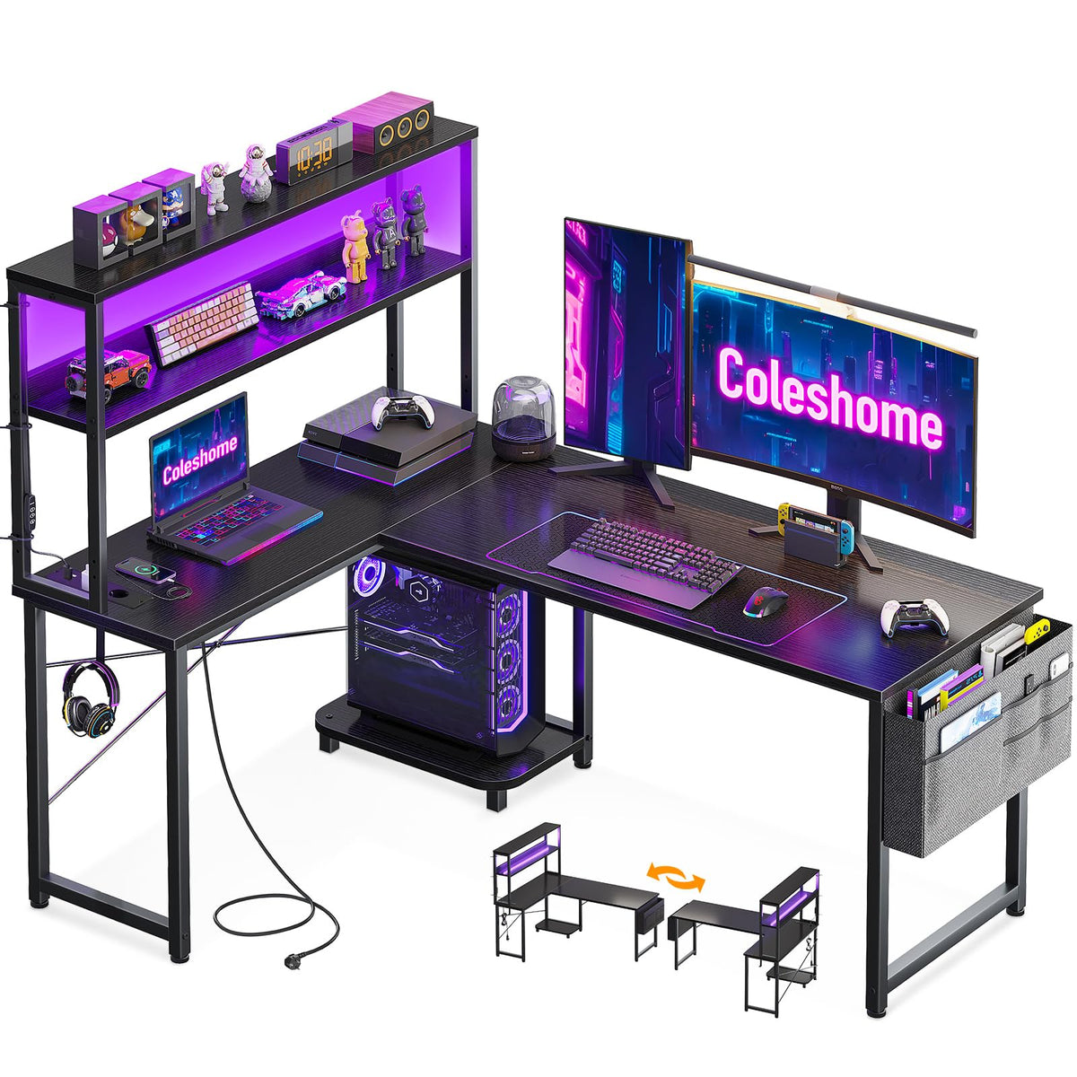 Coleshome Gaming Table L Shape with LED & Sockets, 135 × 100 cm Reversible Gaming Desk with Storage Shelves, Corner Desk with Storage Bag for Home Office and Gaming, Black