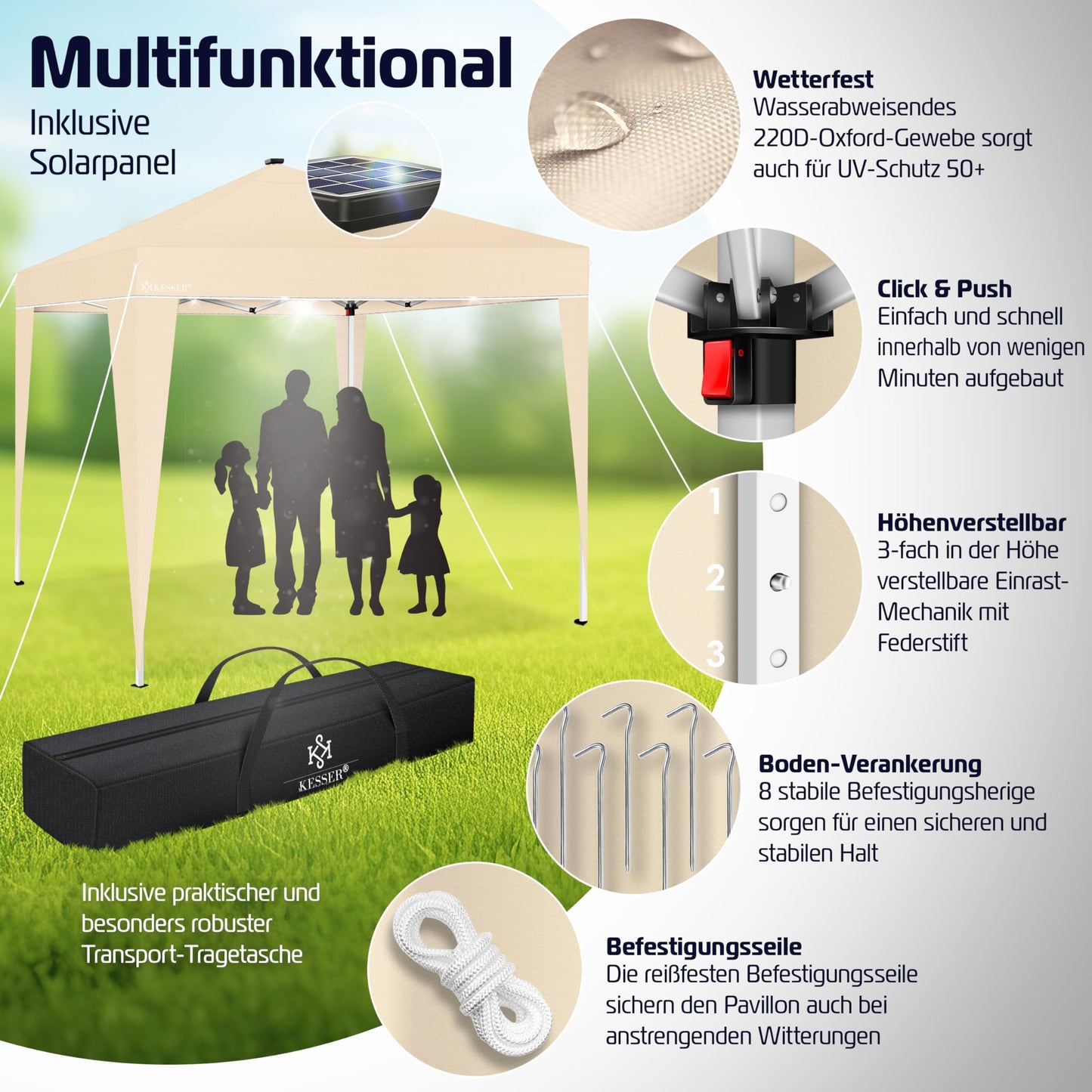 KESSER® Folding Gazebo 3 x 3 m with LED Lighting, Pop-Up Garden Gazebo, Height Adjustable, Stable, Waterproof, Winterproof, Party Tent, Marquee, UV Protection 50+, Includes Remote Control and Bag