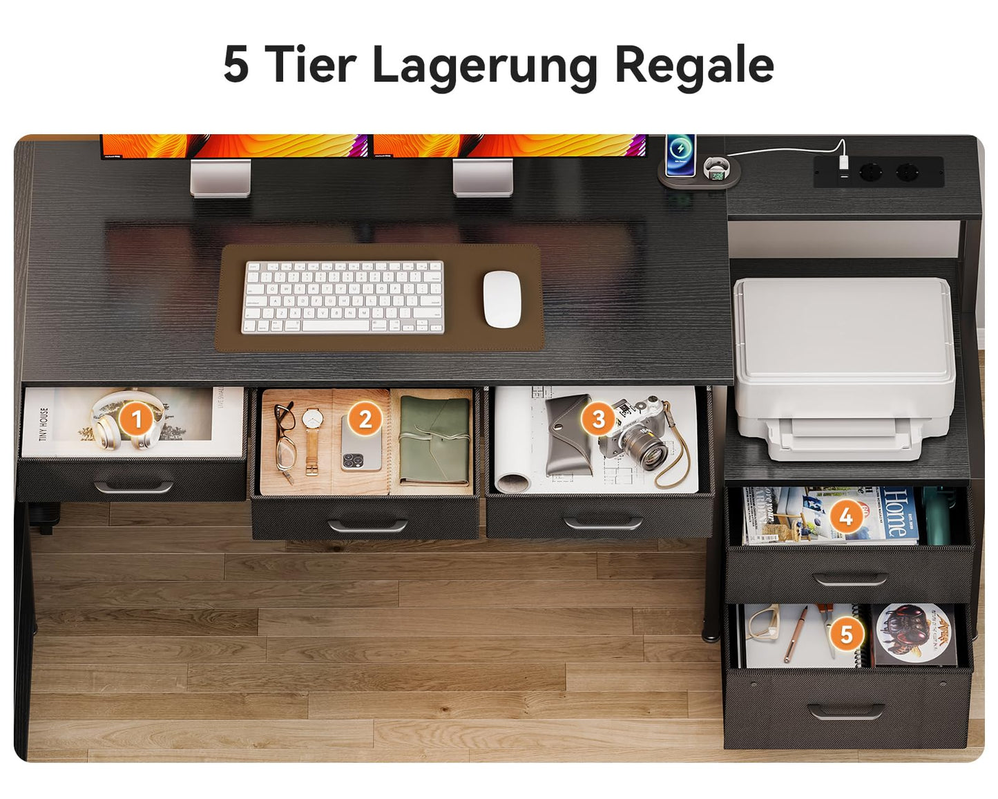 Coleshome Corner Desk with 5 Drawers and 4 Shelves, 200 x 110 cm Desk L-Shape with LED, Sockets & USB, Large Desk for Home Office, Black