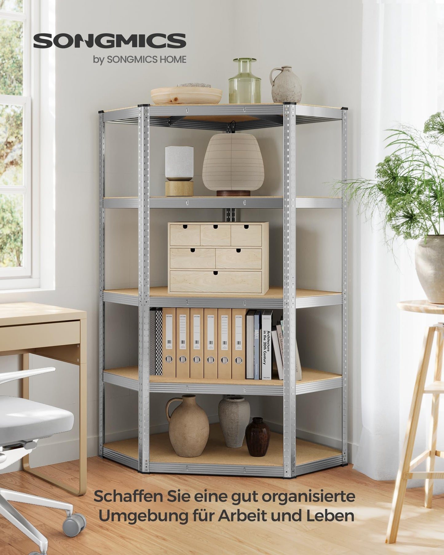 SONGMICS GLR080E01 Corner Shelving Unit 5 Levels Heavy Duty Metal Storage Shelf for Garage Storage Room Cellar Shelf Maximum Load 875 kg Silver Natural Beige