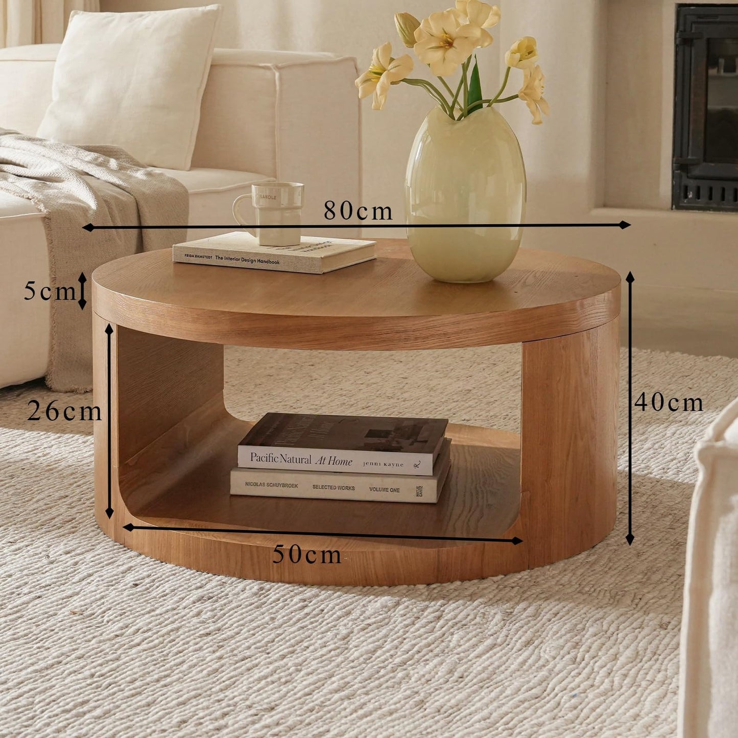 Round Wooden Coffee Table, Living Room Table with Large Storage Space, Coffee Table No Assembly Required, Modern Sofa Table for Living Room, Bedroom, Diameter 80 x 36 cm, Coffee Table (Black)