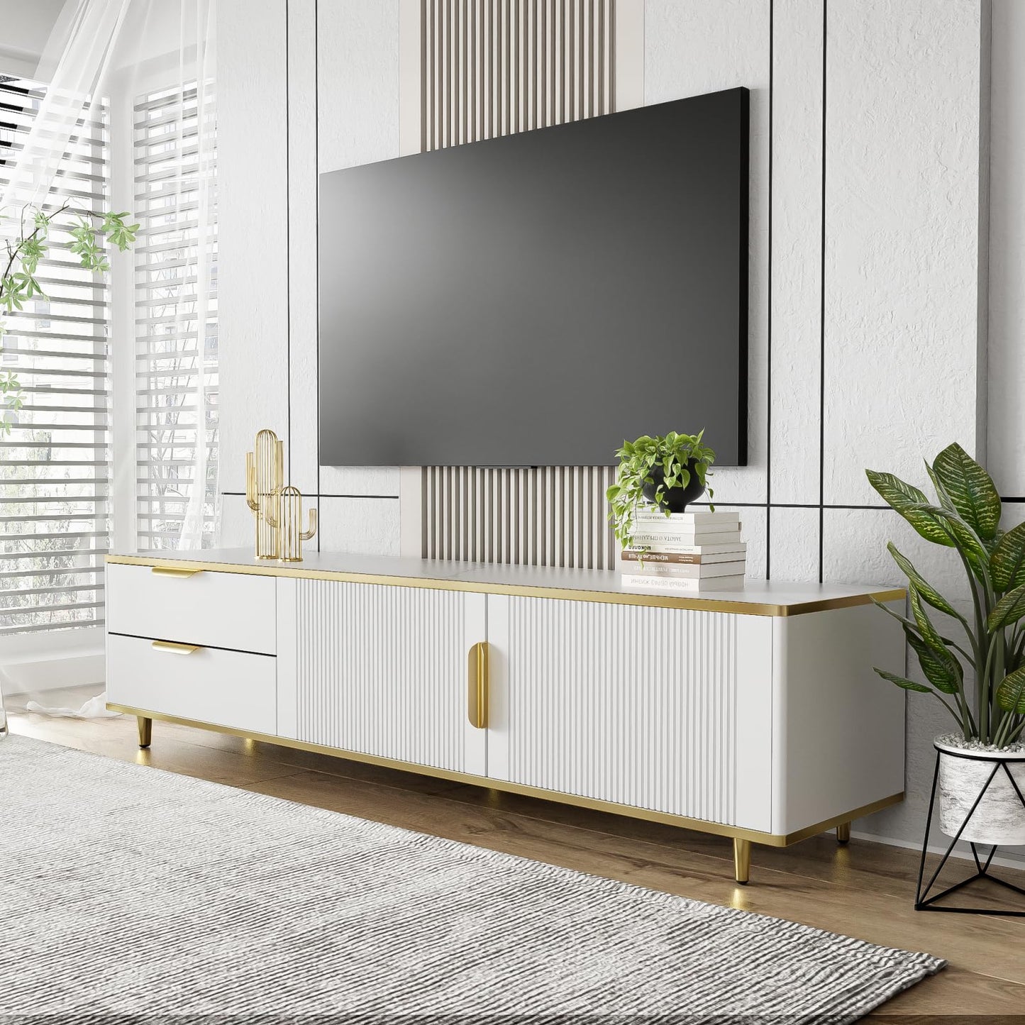 TV Cabinet with 3 Drawers, TV Table with Golden Handles and Legs, Modern TV Stand for TVs up to 75 Inches, Rounded Corners, TV Cabinet for Living Room, 174 x 35 x 41 cm, White