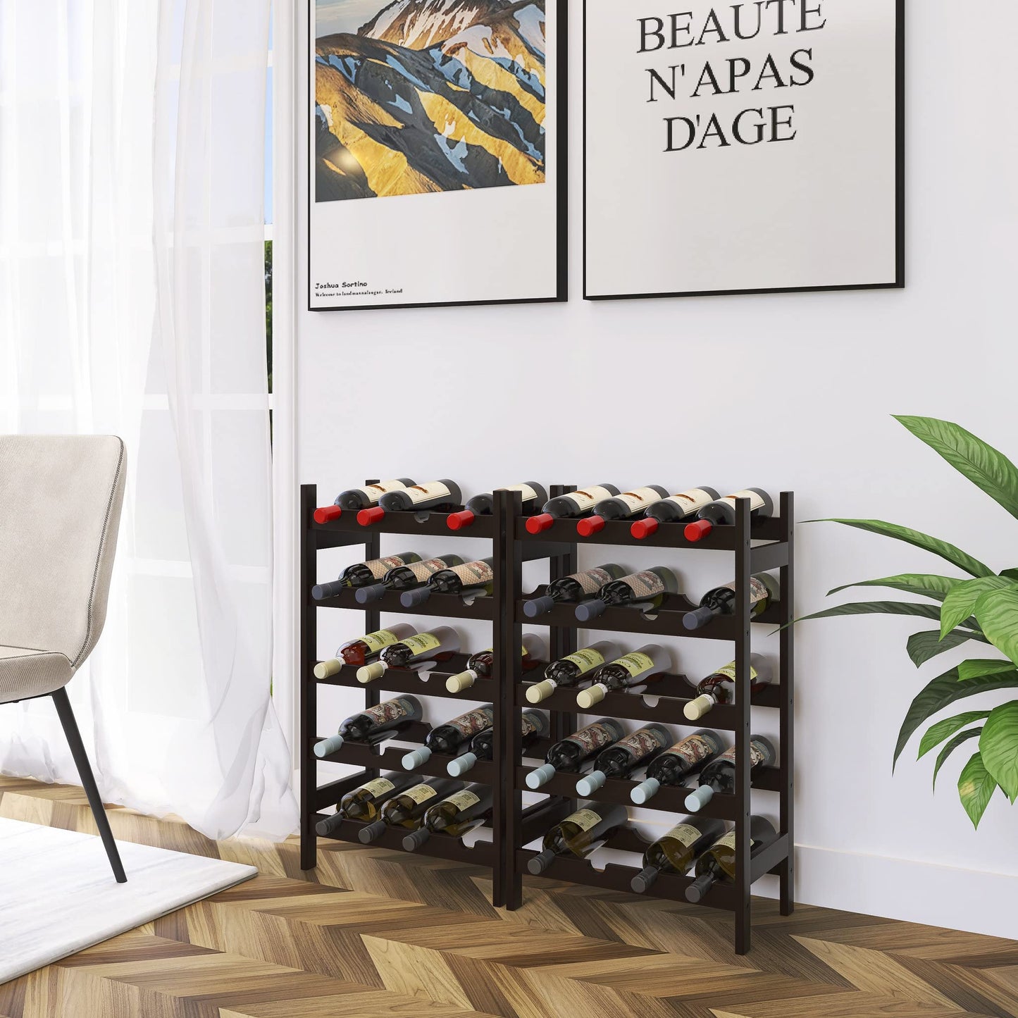 SMIBUY Bamboo Wine Rack, 20 Bottle Display Holder, 5 Tier Freestanding Storage Racks for Kitchen, Pantry, Basement, Bar (Black)