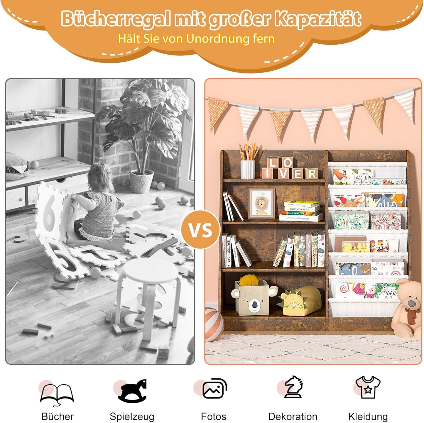 Children's Shelf, White with 5 Shelves and 4 Open Compartments, Bookcase for Children, Toy Organiser, 90 x 40 x 80 cm