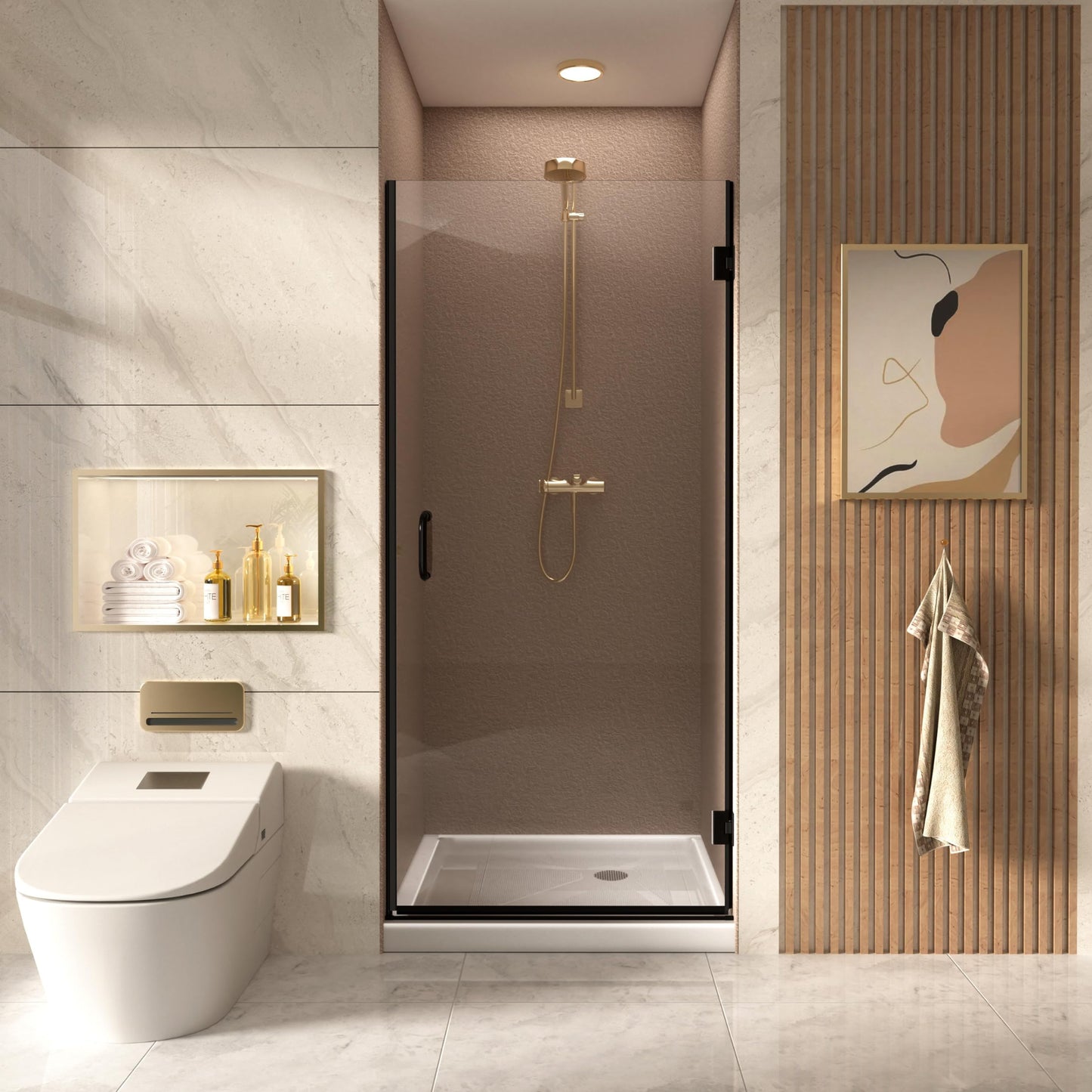 90 cm x 185 cm Shower Door with 6 mm ESG Nano Coating Glass Shower Doors, Shower Door Recess Door with Explosion Protection Film, Black T Triple Maple