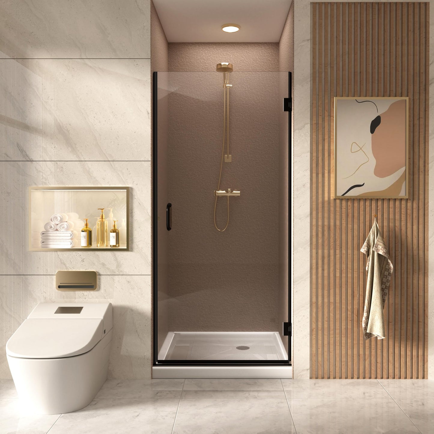 90 cm x 185 cm Shower Door with 6 mm ESG Nano Coating Glass Shower Doors, Shower Door Recess Door with Explosion Protection Film, Black T Triple Maple