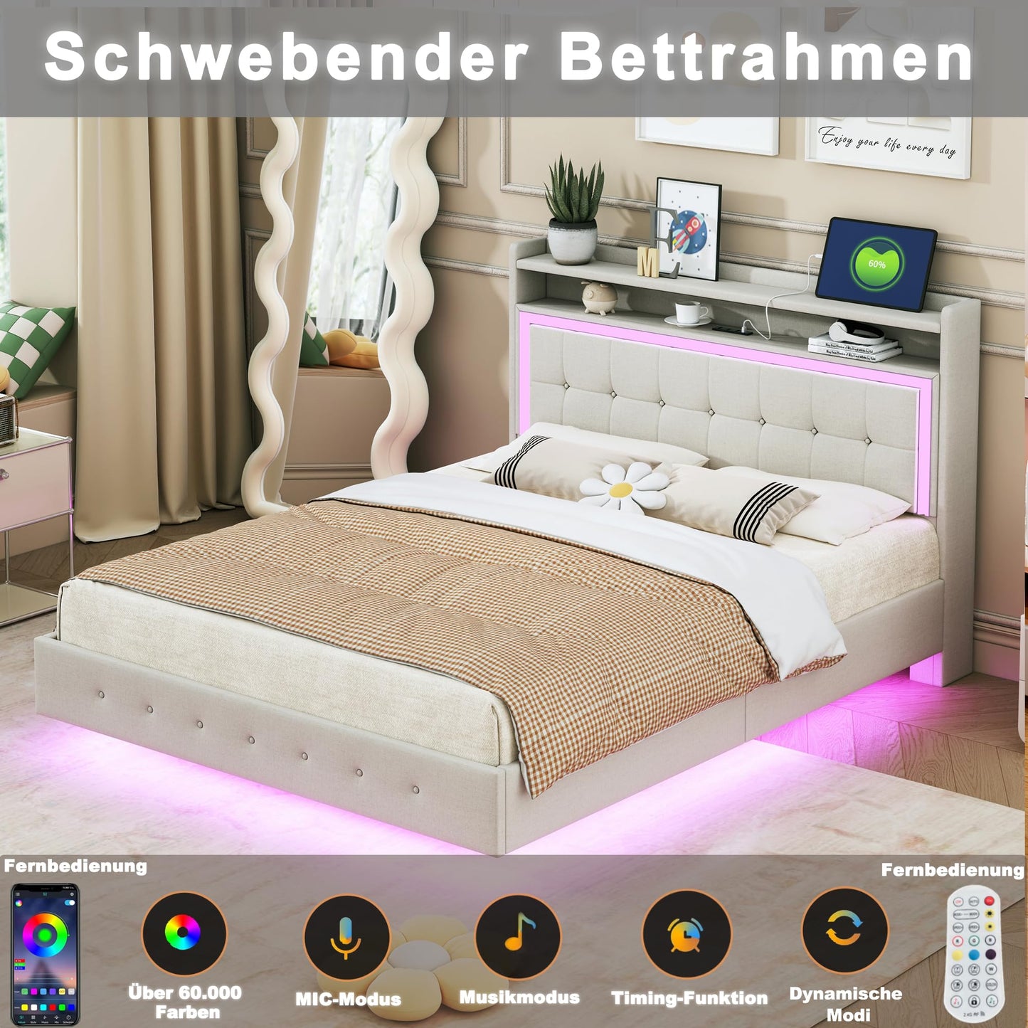 Polsterbett Doppelbett 140x200 cm mit LED-Beleuchtung und USB-Ladeanschluss, Bett mit Stauraumkopfteil, Stauraumbett mit Metallrahmen und Lattenrost aus Holz, Leinen, Beige, Ohne Matratze