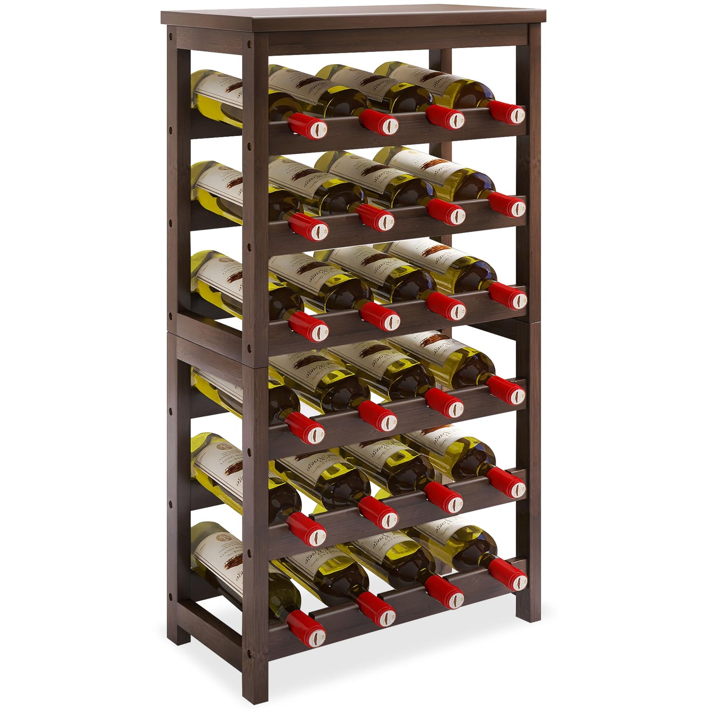 24 Bottle Wine Rack Freestanding Base, 6 Tier Wine Display Storage Shelves with Table Top, Bamboo Wine Bottle Holder Stand with Wave Bars for Kitchen, Dining Room, Pantry, Black