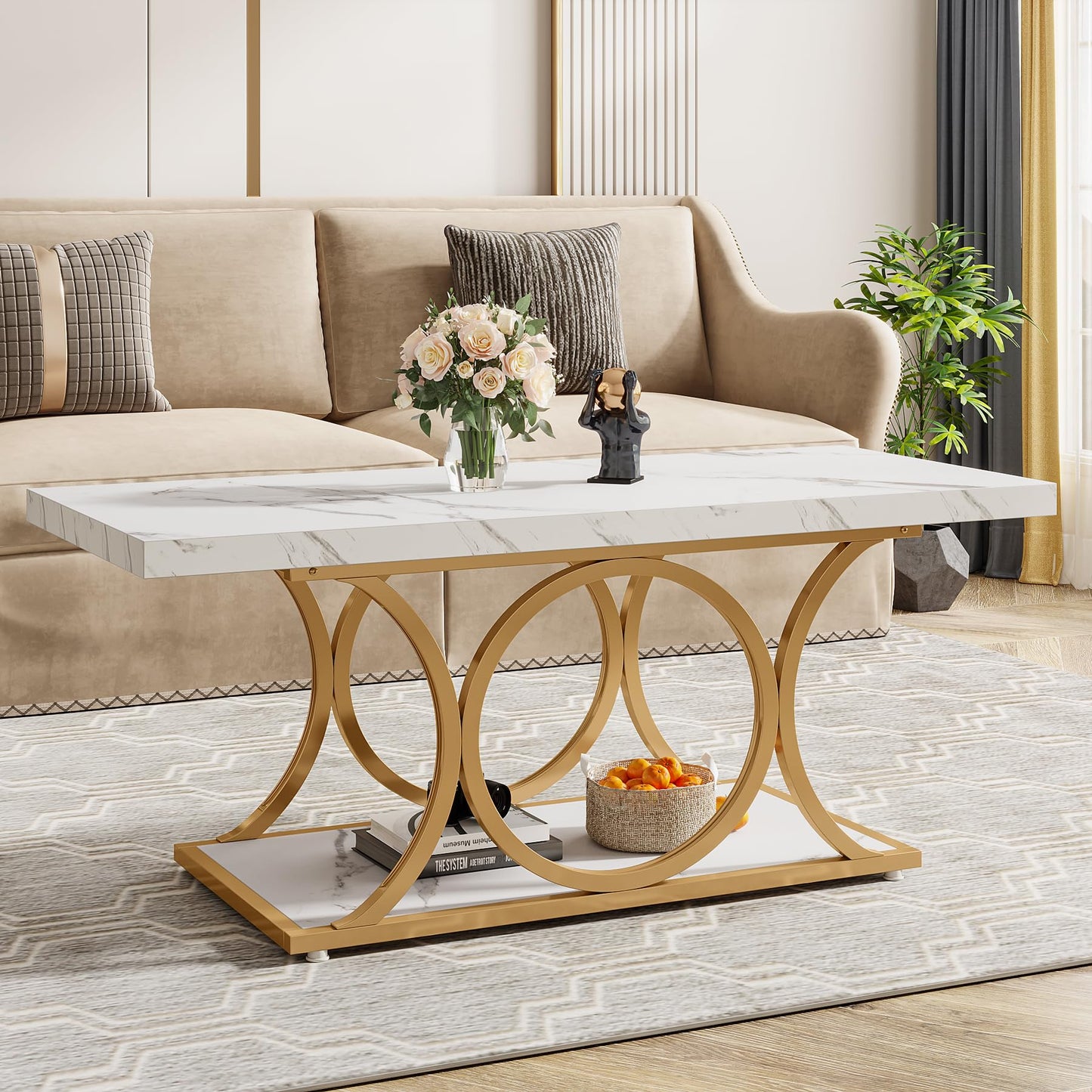 Tribesigns Rectangular Coffee Table, 120 cm Modern Living Room Table, 2-Tier Faux Marble Coffee Table with Geometric Legs, Furniture with Storage Compartment (Black and Gold)