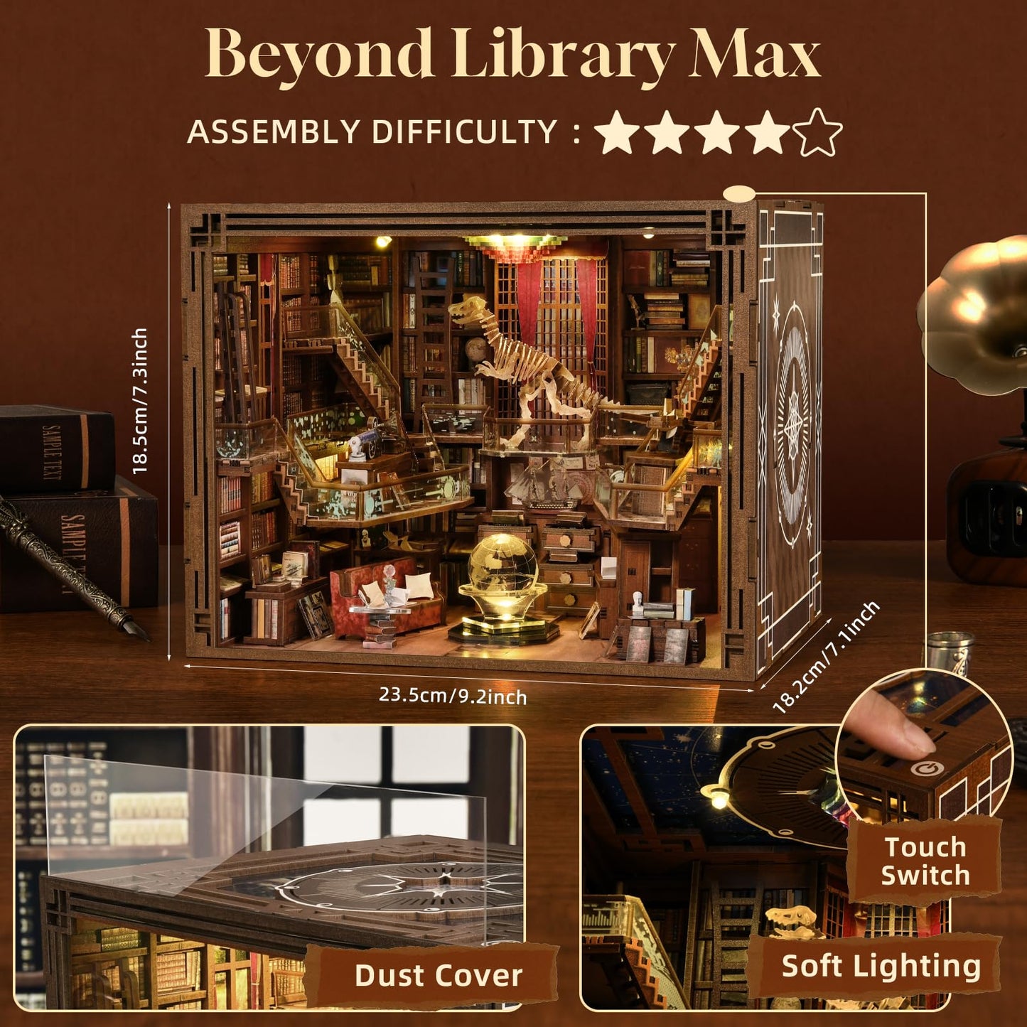 MiniCity Book Nook Kit, DIY Miniature Dollhouse Booknook Kit, 3D Wooden Puzzle Bookend Bookshelf Insert Decor for Teenagers and Adults (Library of Gods Max)