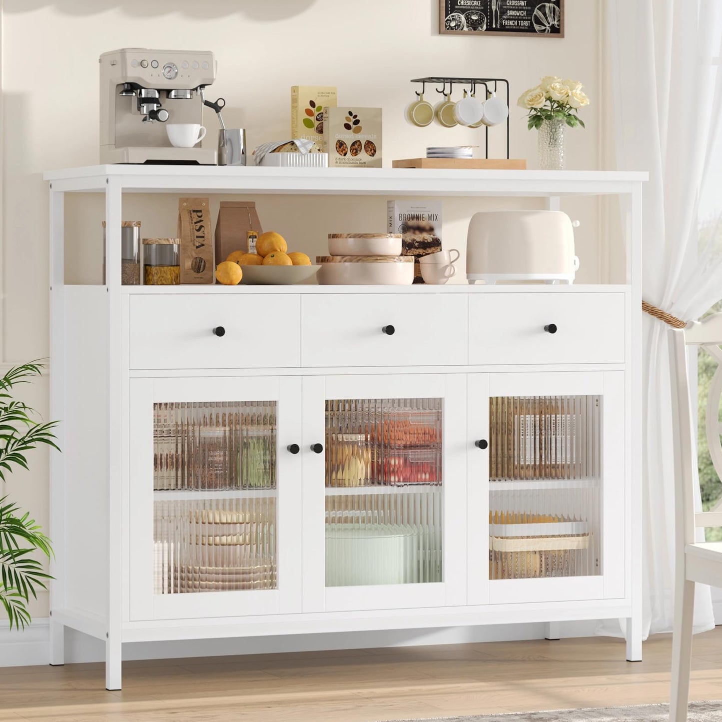 FirFurd Sideboard Küchenschrank mit Arbeitsplatte ＆3 Schubladen＆3 Glastüren, Buffetschrank Kommode Kaffeebar Mehrzweckschrank, Sideboard für Wohnzimmer Küche Esszimmer 108 x 38 x 98,5 cm schwarz