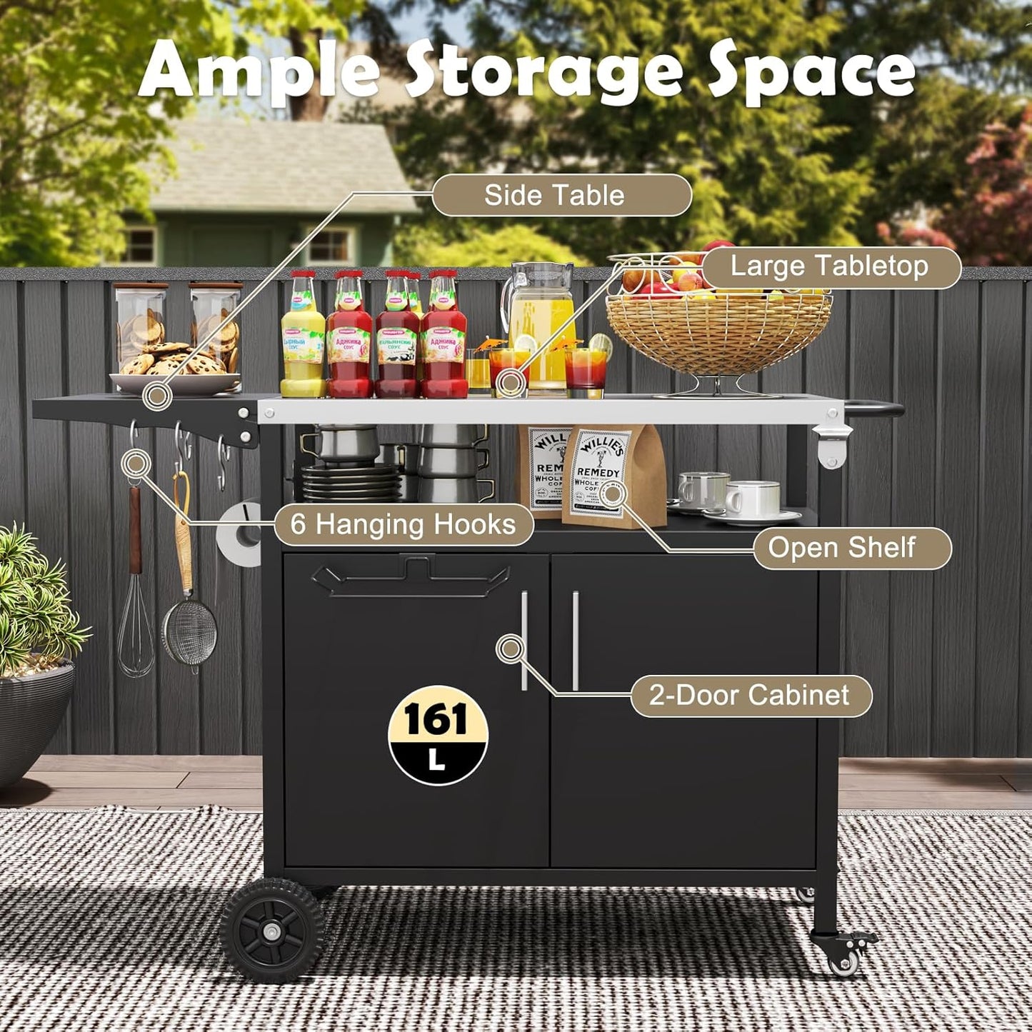 KOMFOTTEU BBQ Trolley with Stainless Steel Worktop, Serving Trolley with Folding Tabletop, Grill Table with Cabinet, 6 Hooks, Garbage Bag Holder & Handle, for Picnic, Party, 127 x 50 x 84 cm