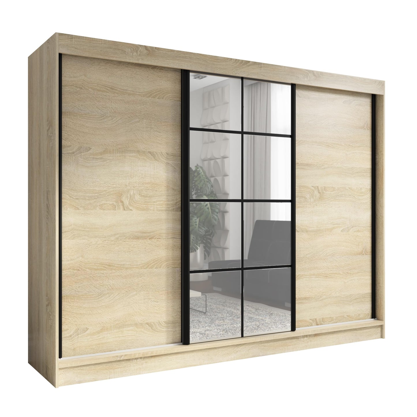 A&J MöbelLand Oravelle Sliding Door Wardrobe 3 Doors with Drawers and Mirror 200 cm (Black)