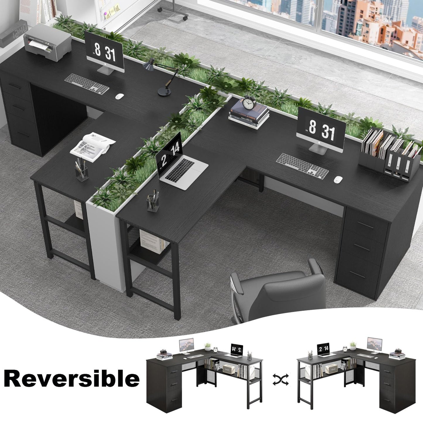 LVB White L Shaped Corner Desk with Drawers, Reversible Modern L Shaped Computer Desk with Storage Cabinets, Large L Shaped Wooden L Shaped Desk Metal L Shape