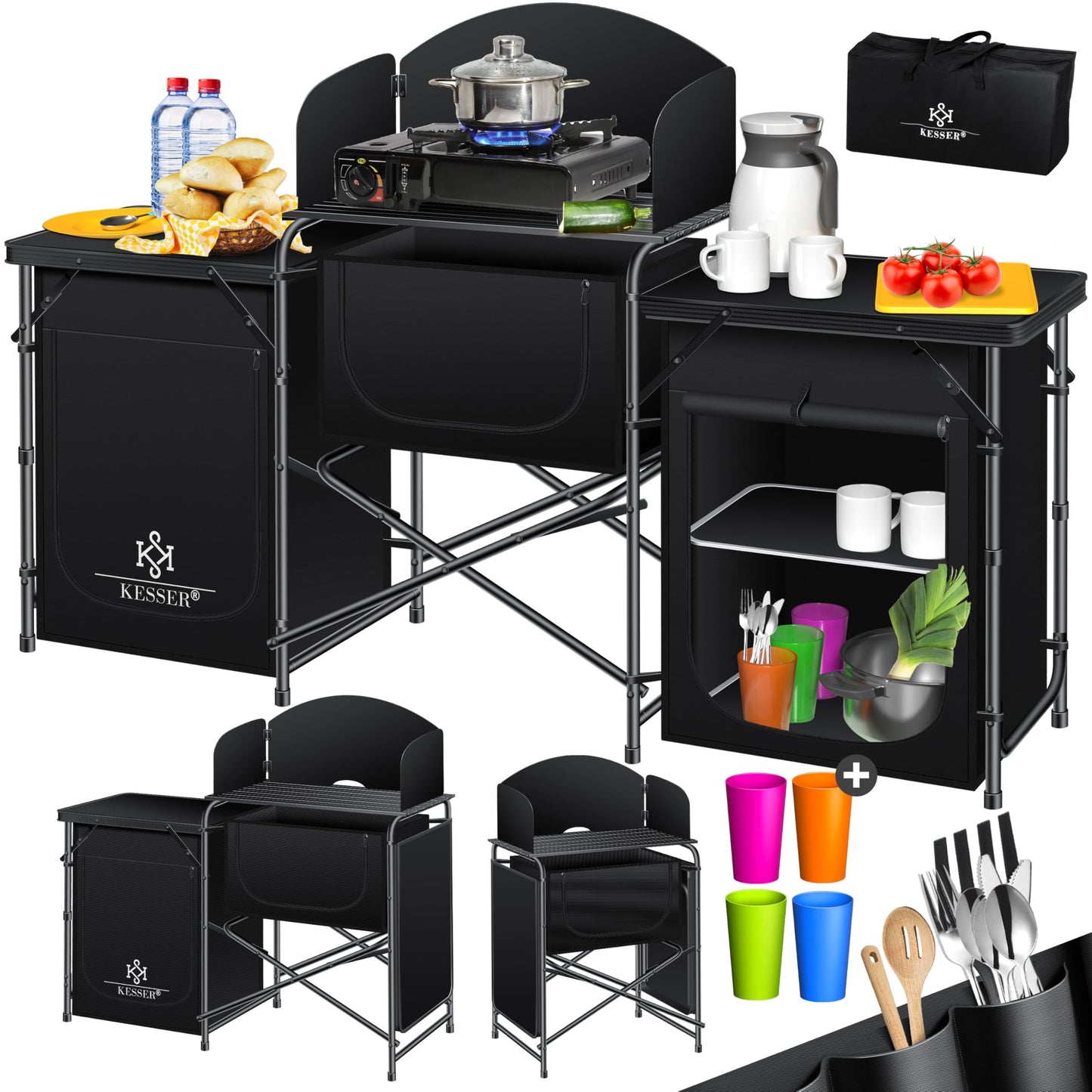 KESSER® Camping Kitchen | Includes Carry Bag & Cup Set | Camping Cabinet Folding Cabinet | with Aluminium Frame | Travel Kitchen | Kitchen Box | Tent Cabinet | Outdoor Camping Kitchen | Khaki | Type